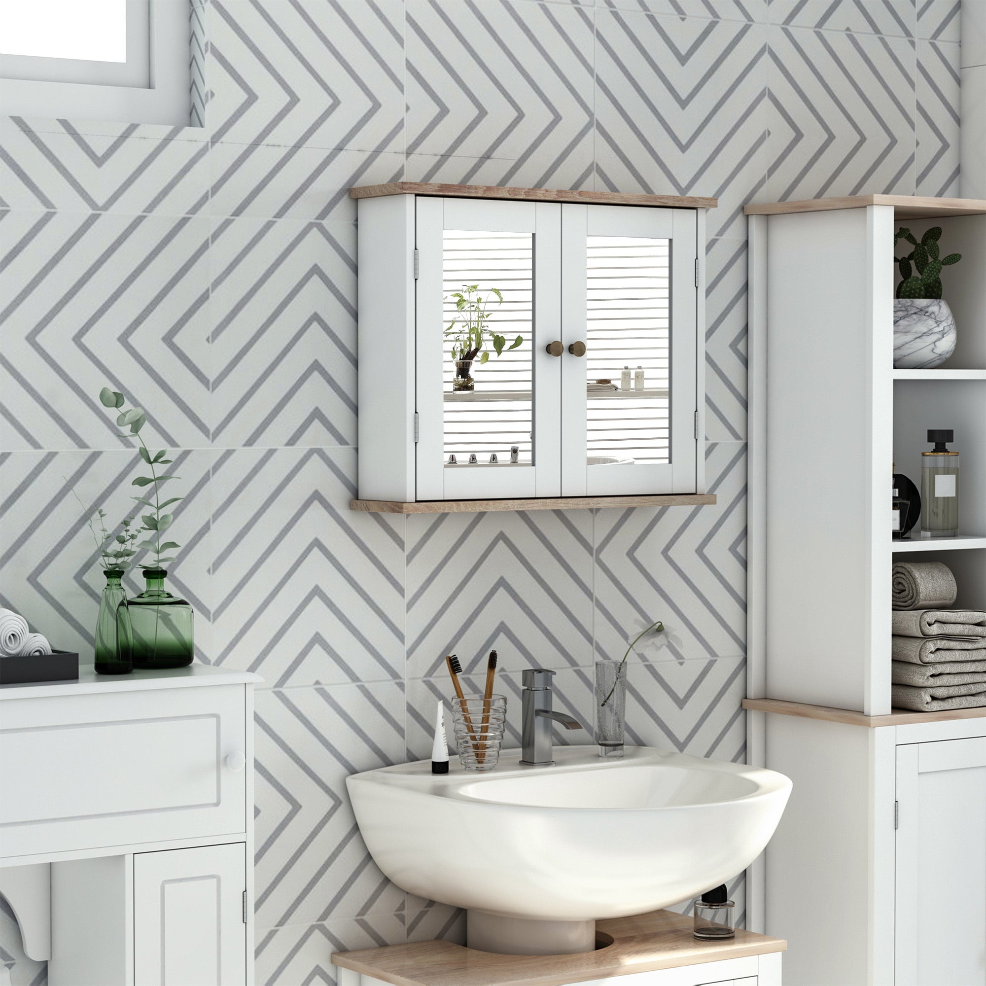 kleankin Bathroom Mirror Cabinet Wall Mounted Storage Cupboard with Double Door and Adjustable Shelf, White - North Peak Garden Furniture