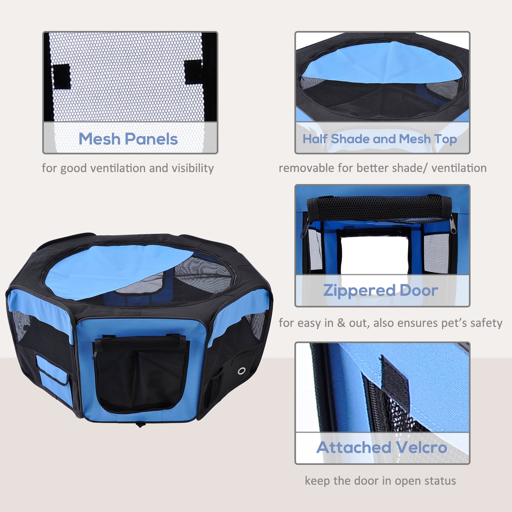 PawHut Fabric Pet Playpen: 8-Panel Foldable Mesh Enclosure for Outdoor Use, Dia 90 x 41H cm, Blue