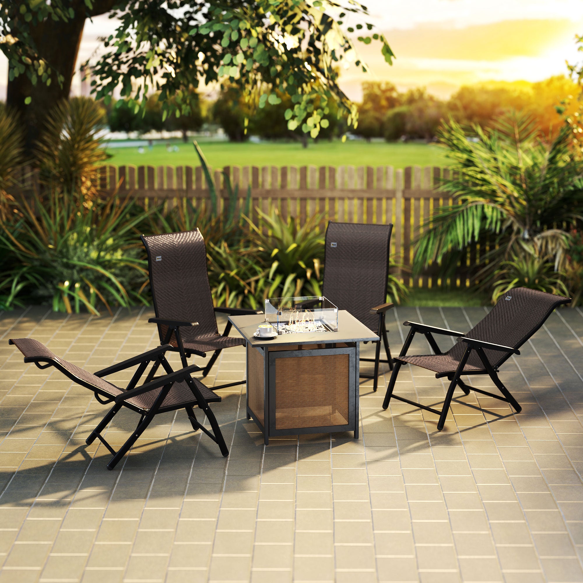 Outsunny Set of Four Folding Garden Chairs, with Seven-Position Adjustable Backs, Dark Brown - North Peak Garden Furniture