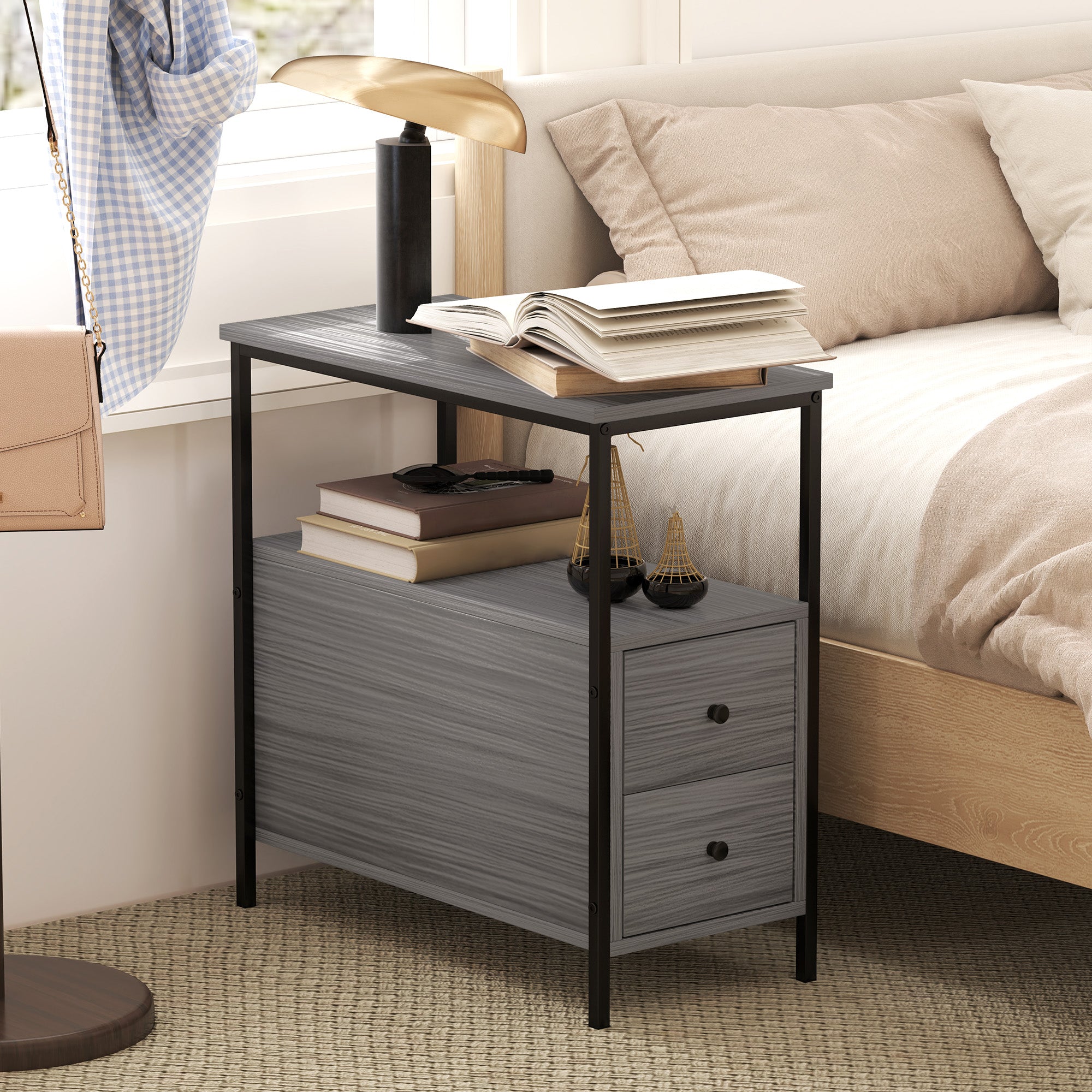 HOMCOM Side Table, Narrow Bedside Table with 2 Drawers and Storage Shelf, Industrial End Table with Metal Frame for Small Spaces, Grey Wood Grain - North Peak Garden Furniture