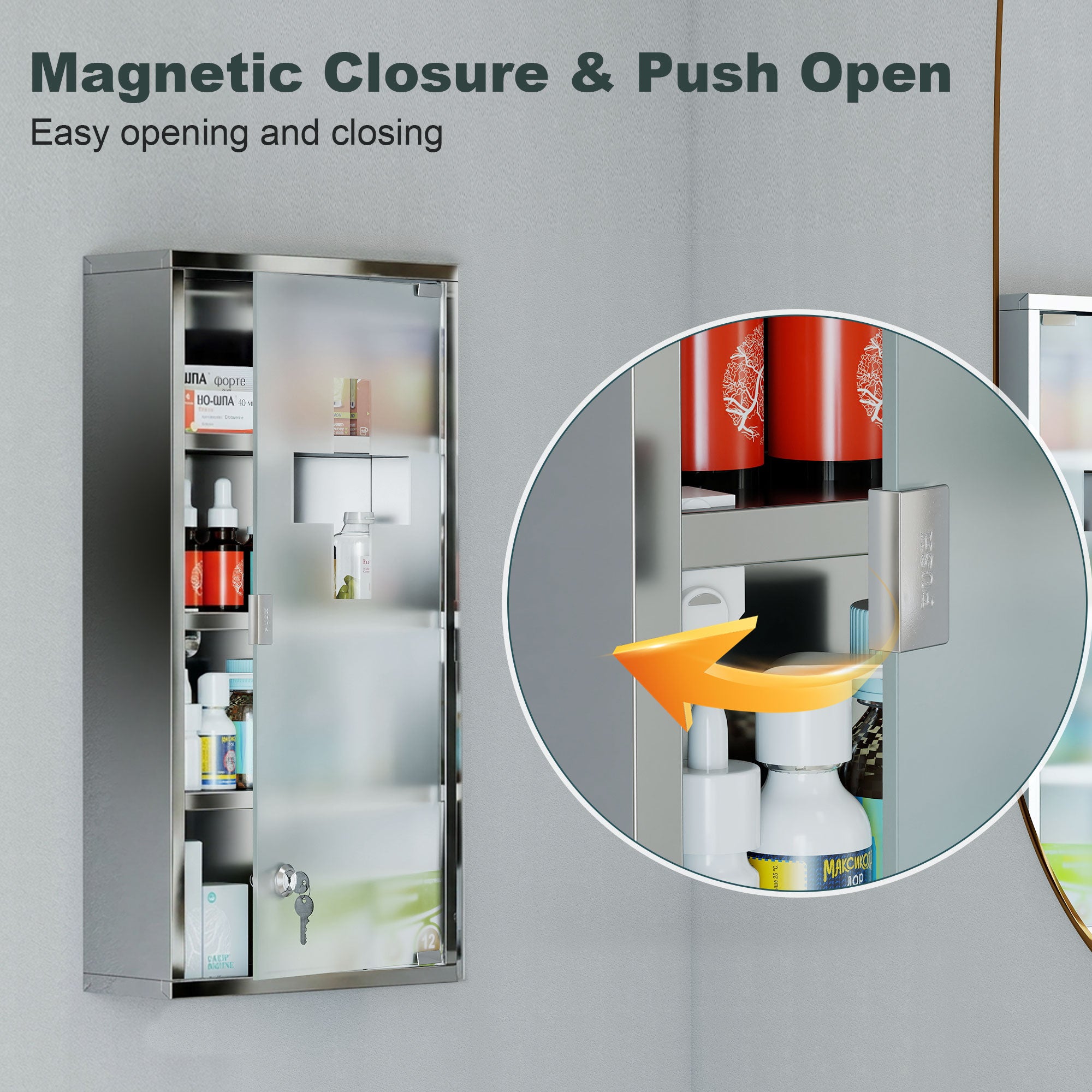 HOMCOM 4 Tier Stainless Steel Wall Mounted Medicine Cabinet Glass Lockable Door Storage Shelves Houseware Bathroom Furniture 60Hx30Wx12D(cm) w/2 Keys