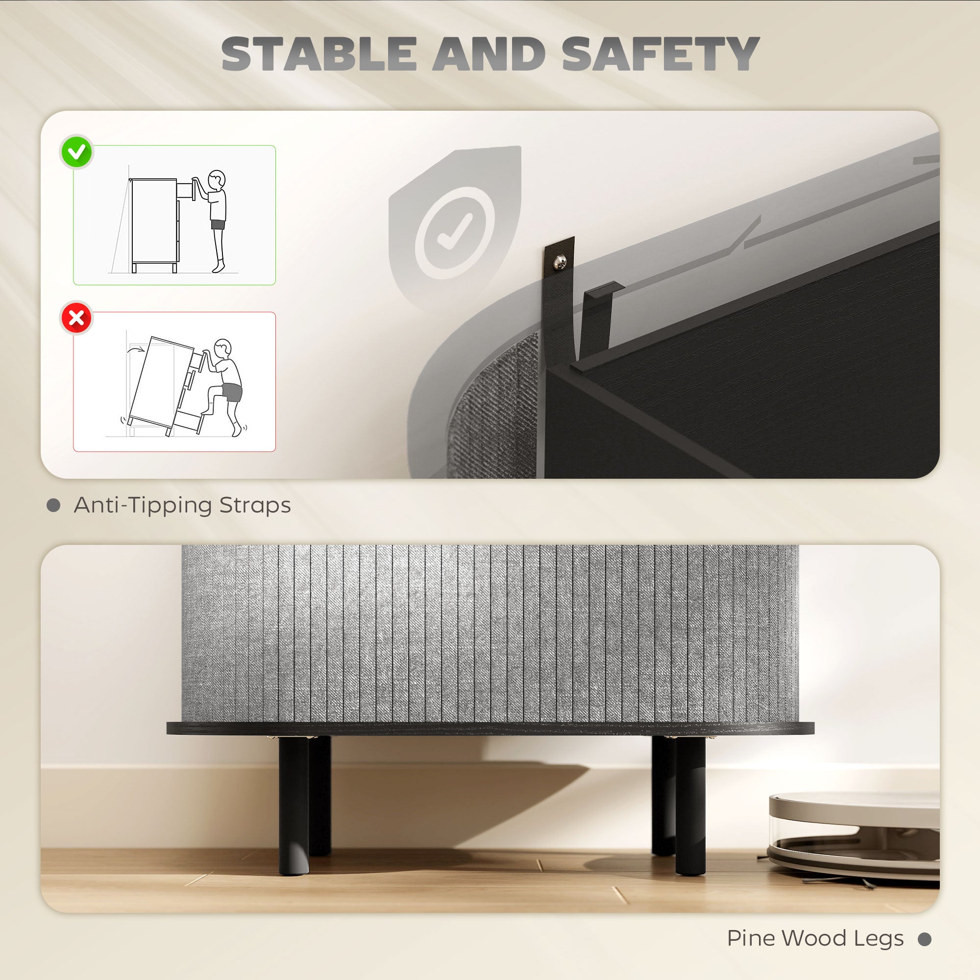 HOMCOM Tambour Sideboard with Fluted Sliding Doors, Modern Kitchen Cupboard with Storage Shelves and Wooden Legs, Grey