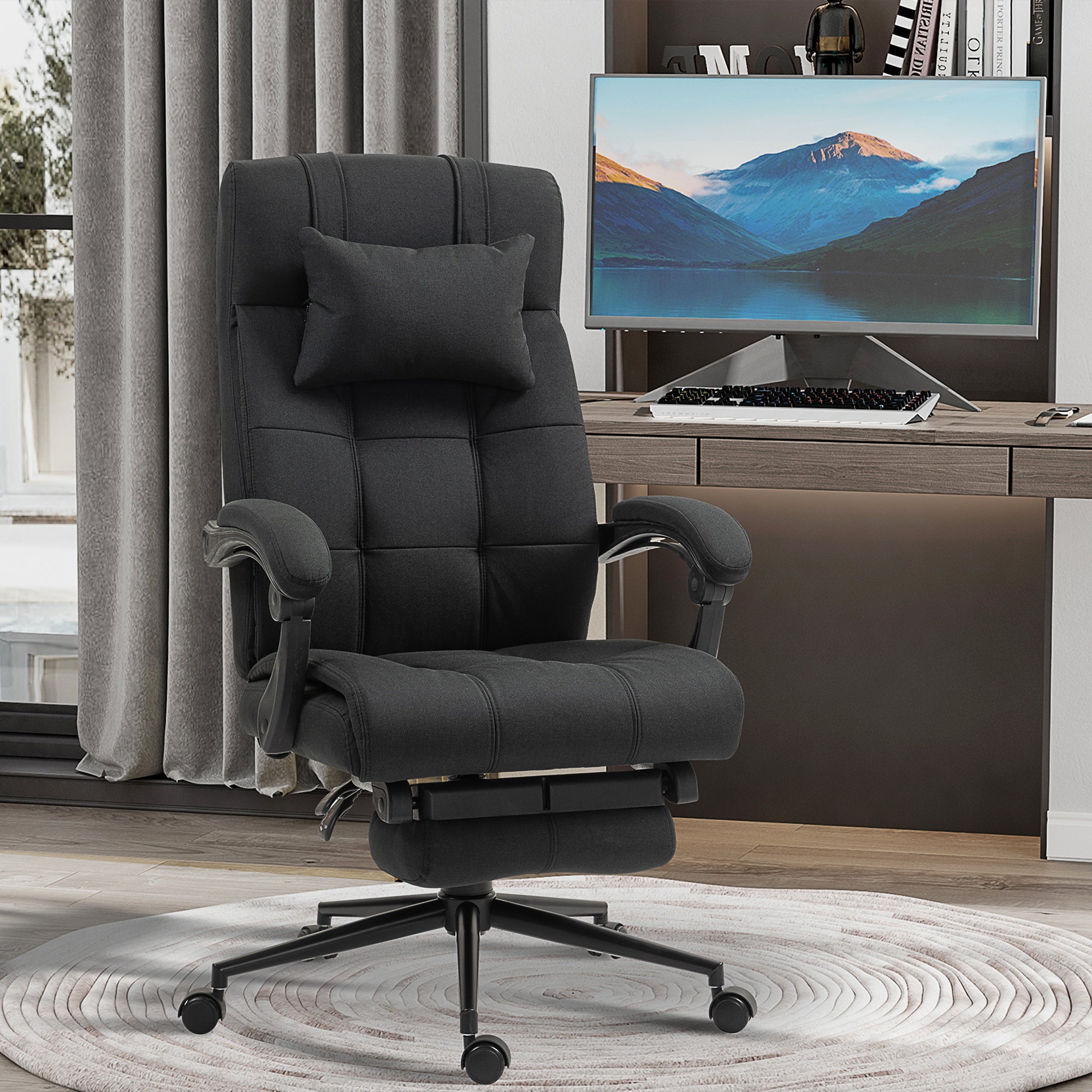 Vinsetto Office Desk Chair with Footrest, Headrest Pillow, Home Office Chair with Reclining Backrest, Swivel Wheels, Black - North Peak Garden Furniture