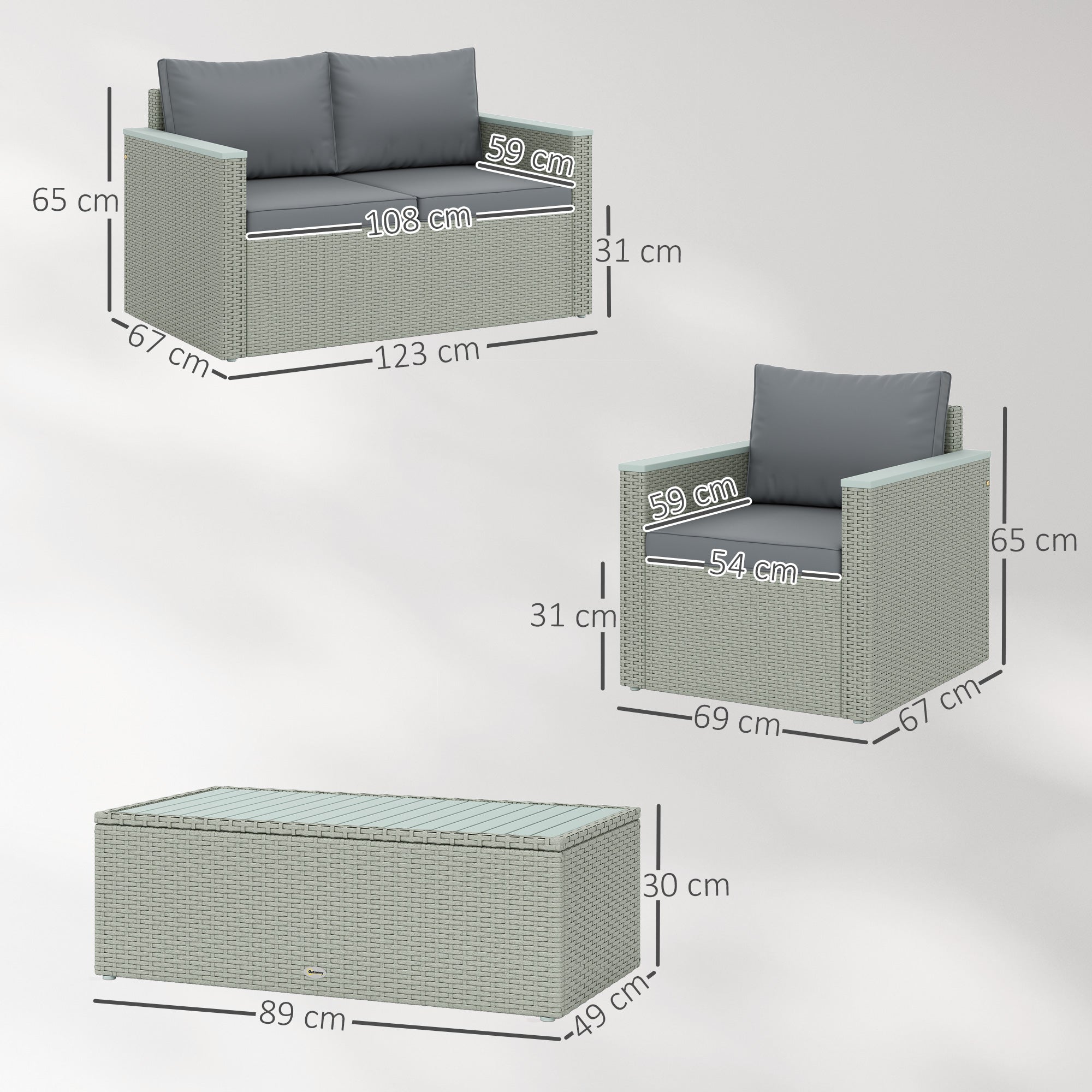 Outsunny 4 Piece Rattan Garden Furniture Set, 4 Seater Wicker Outdoor Sofa Set with 2 Armchairs, Loveseat, Acacia Wood Top Coffee Table, Cushions, Patio Conservatory Set for Balcony, Light Grey - North Peak Garden Furniture