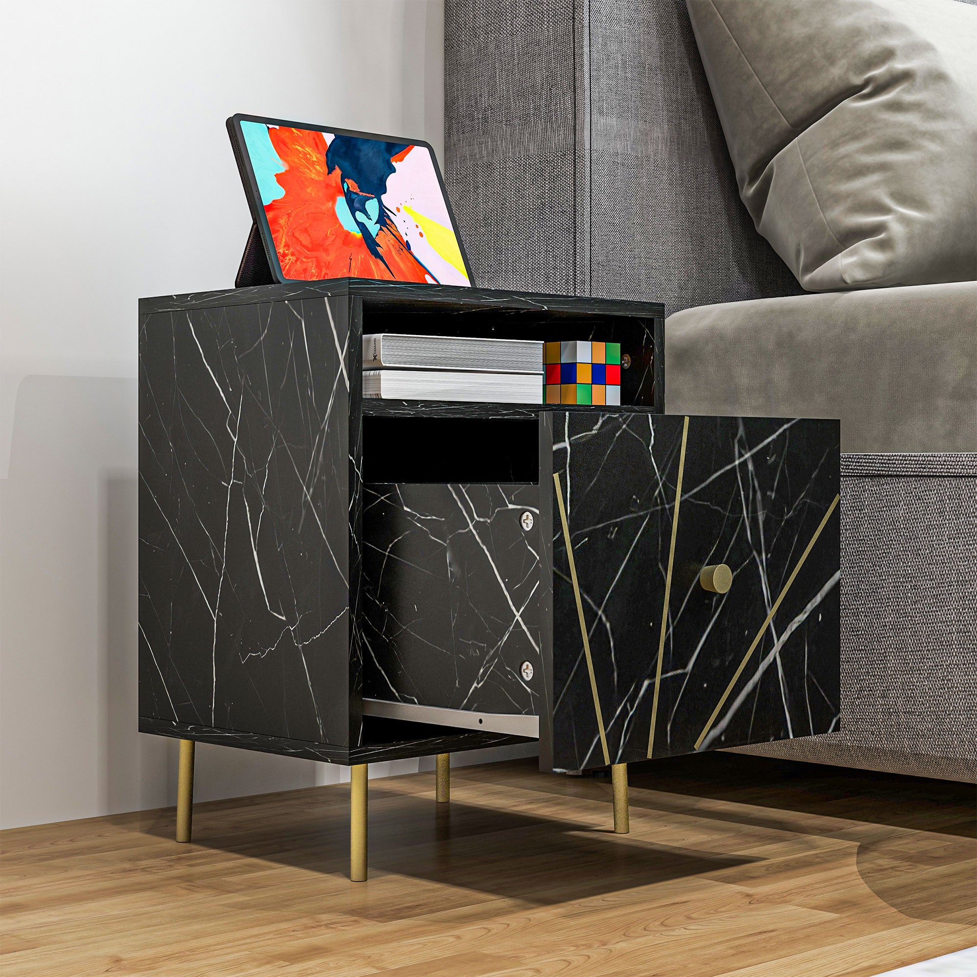 HOMCOM Elegant Bedside with Storage - Black/Gold Tone - North Peak Garden Furniture