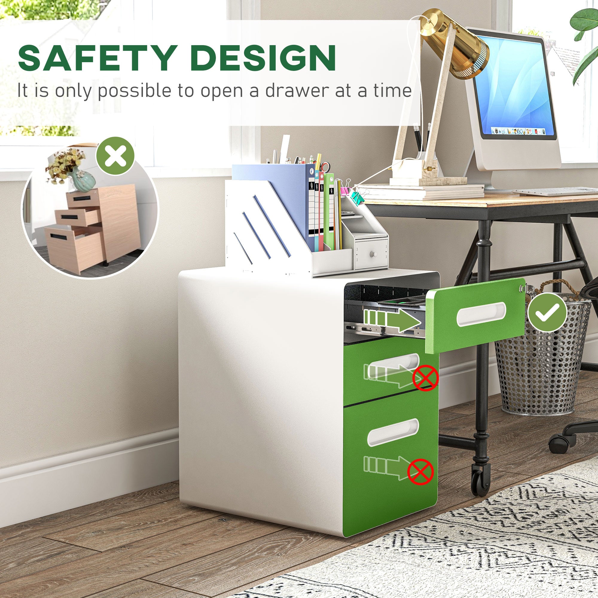Vinsetto 3 Drawer Filing Cabinet, Steel Lockable File Cabinet with Lock and Wheels, for A4, Letter, Legal Sized Files, Green - North Peak Garden Furniture