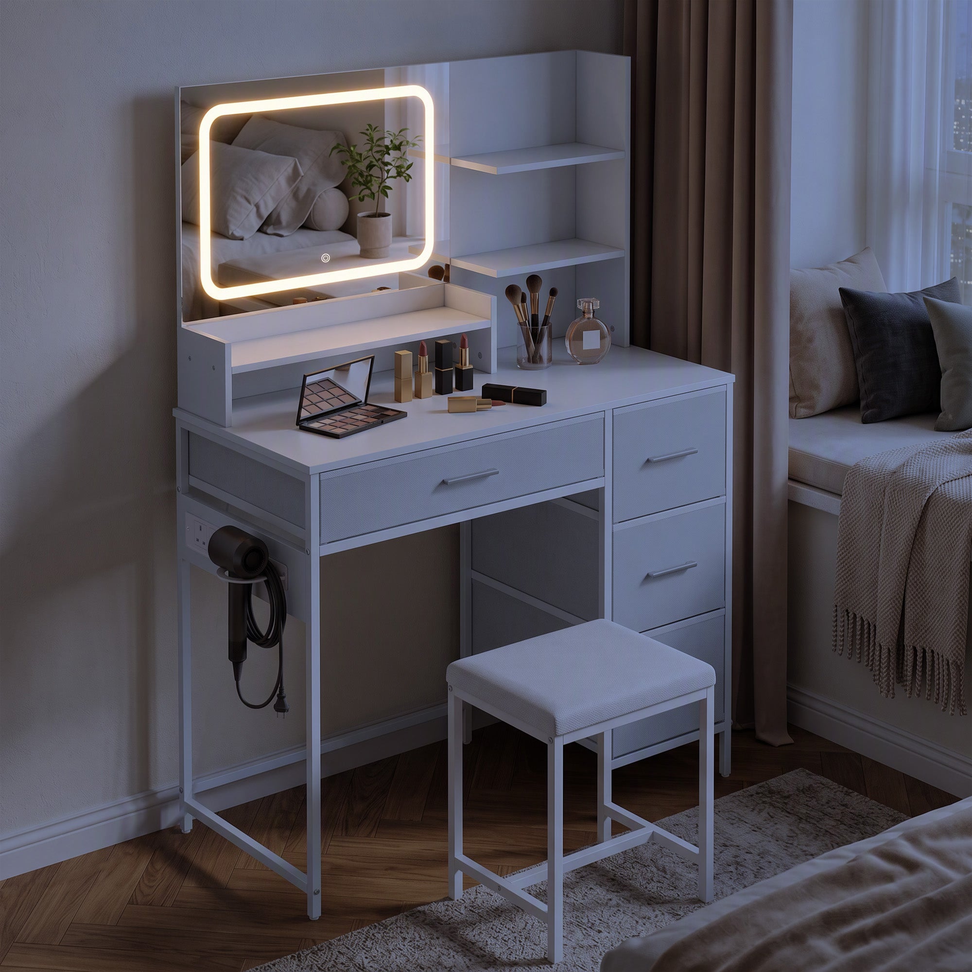 HOMCOM Dressing Table with 3-Colour LED Mirror, Power Outlet, Vanity Desk with 4 Drawers, 5 Shelves, Hair Dryer Holder