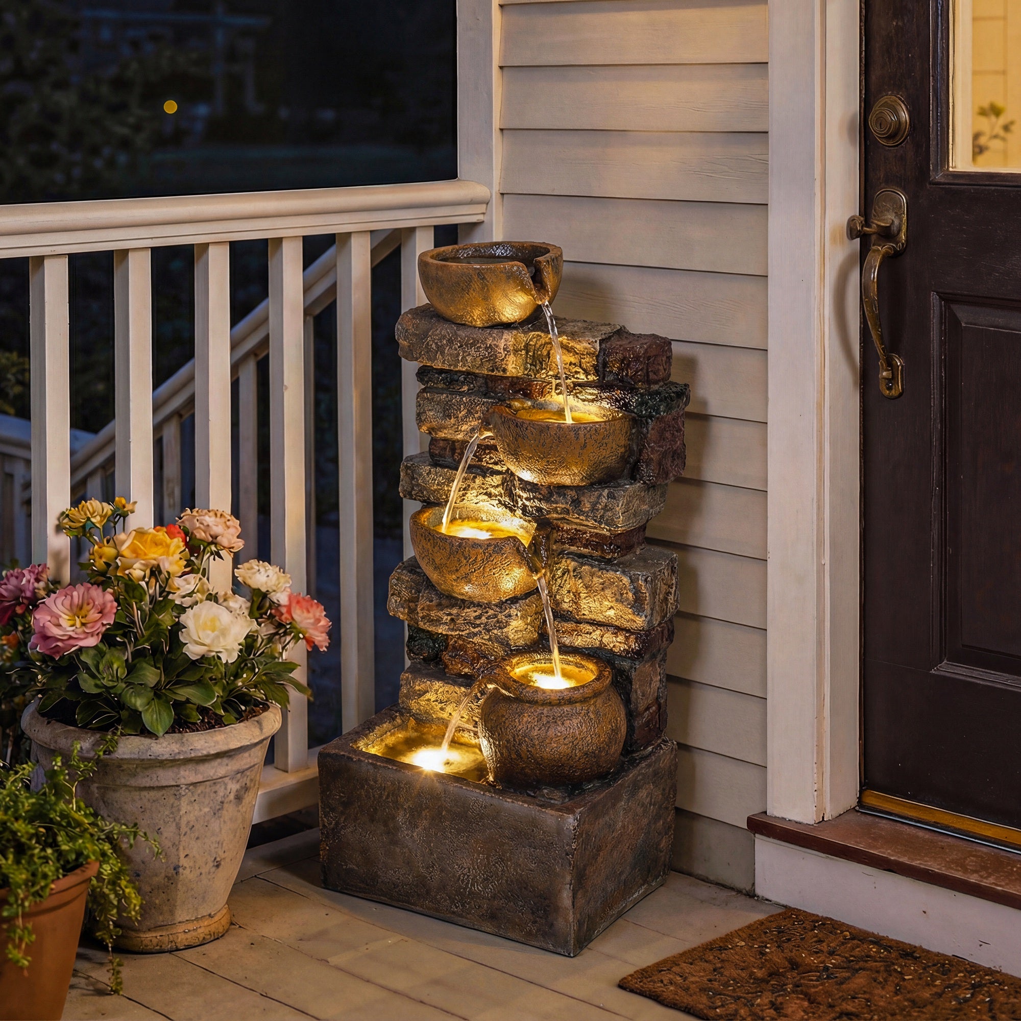 Outsunny 28" 5-Tier Outdoor Fountain, Cascading Waterfall Feature with LED Lights, Adjustable Flow, Rustic Brown