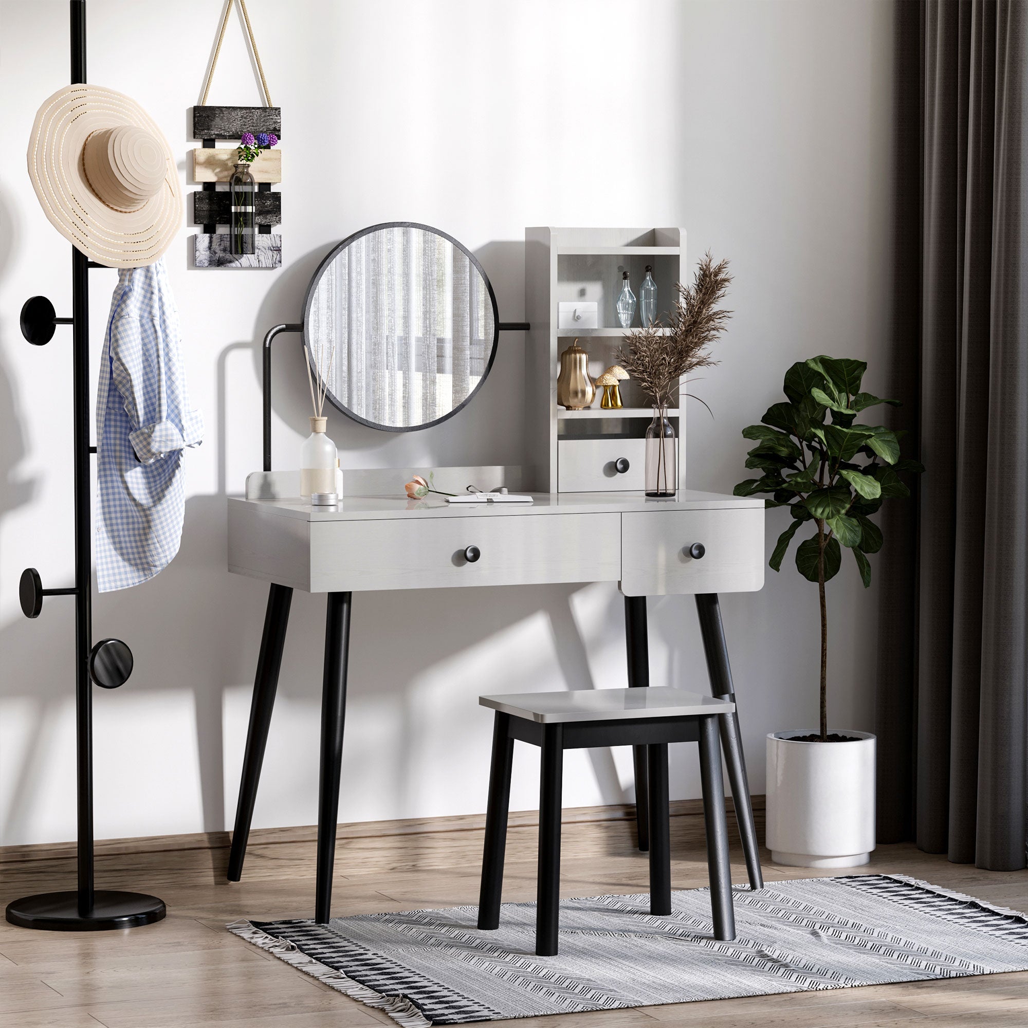 HOMCOM Dressing Table Set with Mirror and Stool, Vanity Makeup Table with 3 Drawers and Open Shelves for Bedroom, Living Room, Grey - North Peak Garden Furniture