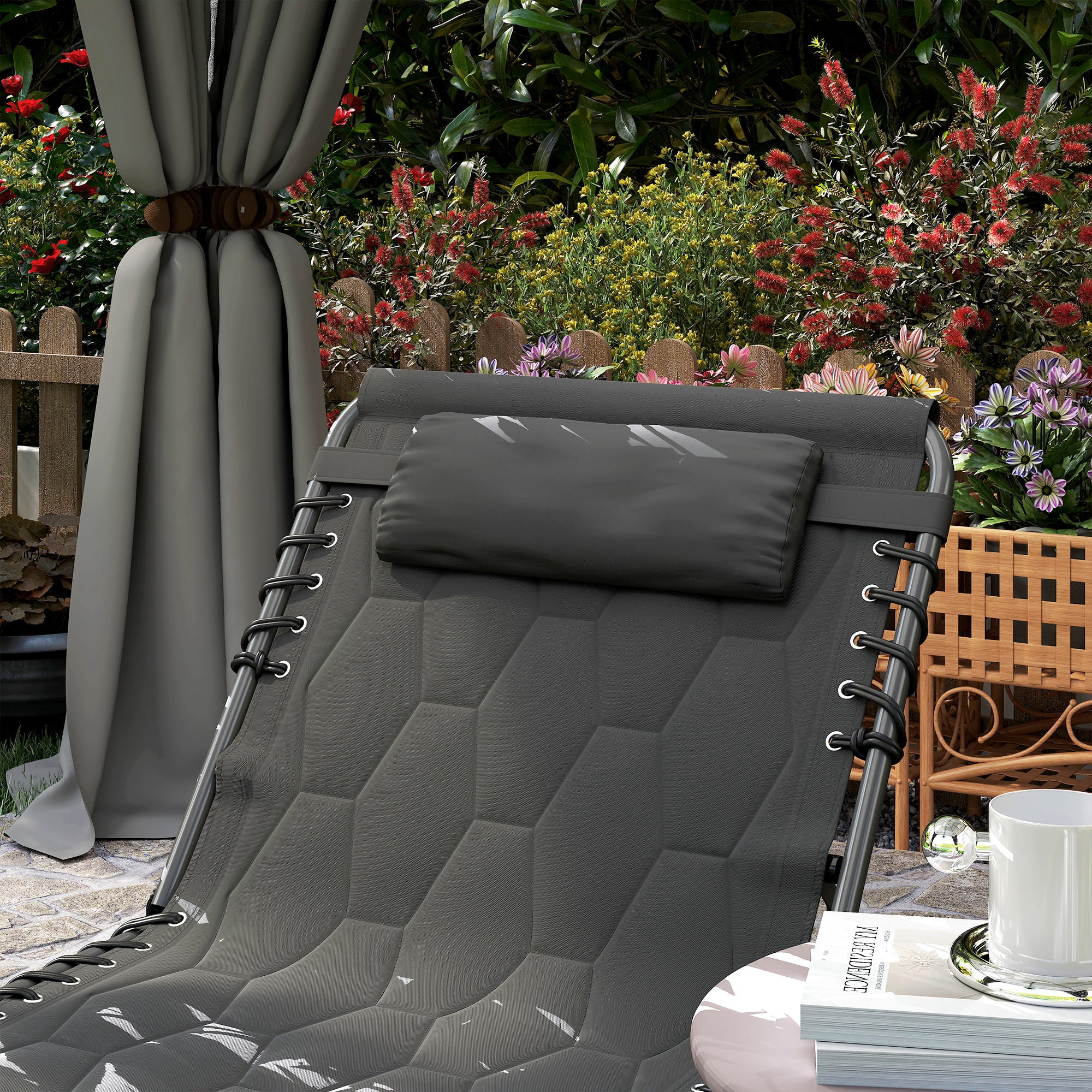 Outsunny Padded Sun Lounger, with Five-Position Reclining Back - Black - North Peak Garden Furniture
