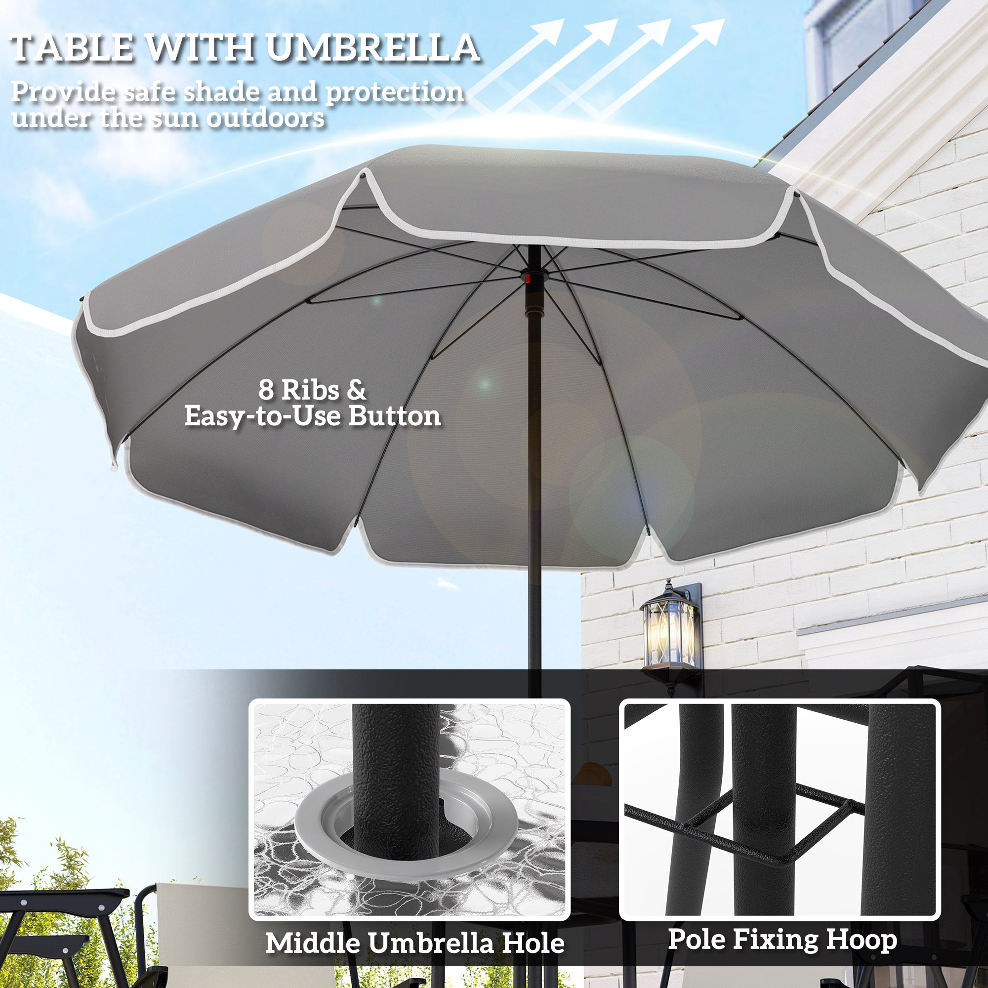 Outsunny 4 Seater Garden Furniture Set, 6 Pieces Garden Table and Chairs with Parasol, Outdoor Garden Dining Set with Folding Chairs and Round Glass Top Table for Patio, Cream White - North Peak Garden Furniture