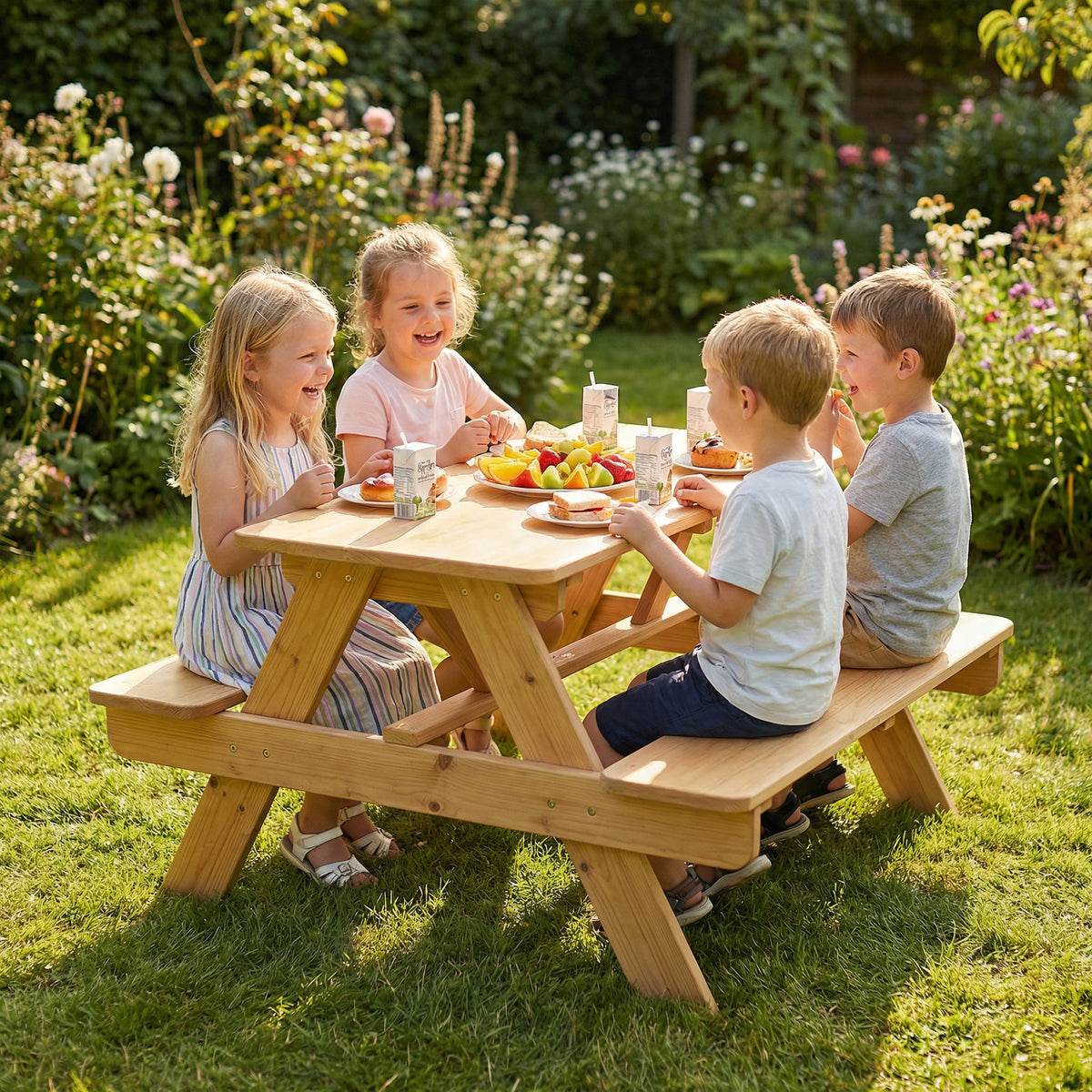 AIYAPLAY Kids Picnic Table for Outdoor Wooden Table & Bench Set with Integrated Benches Natural Wood