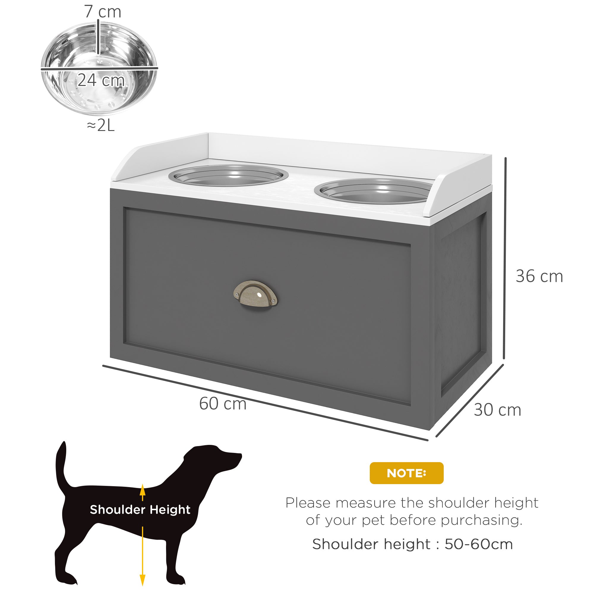 PawHut Stainless Steel Raised Dog Bowls, with 21L Storage Drawer for Large Dogs - Grey - North Peak Garden Furniture