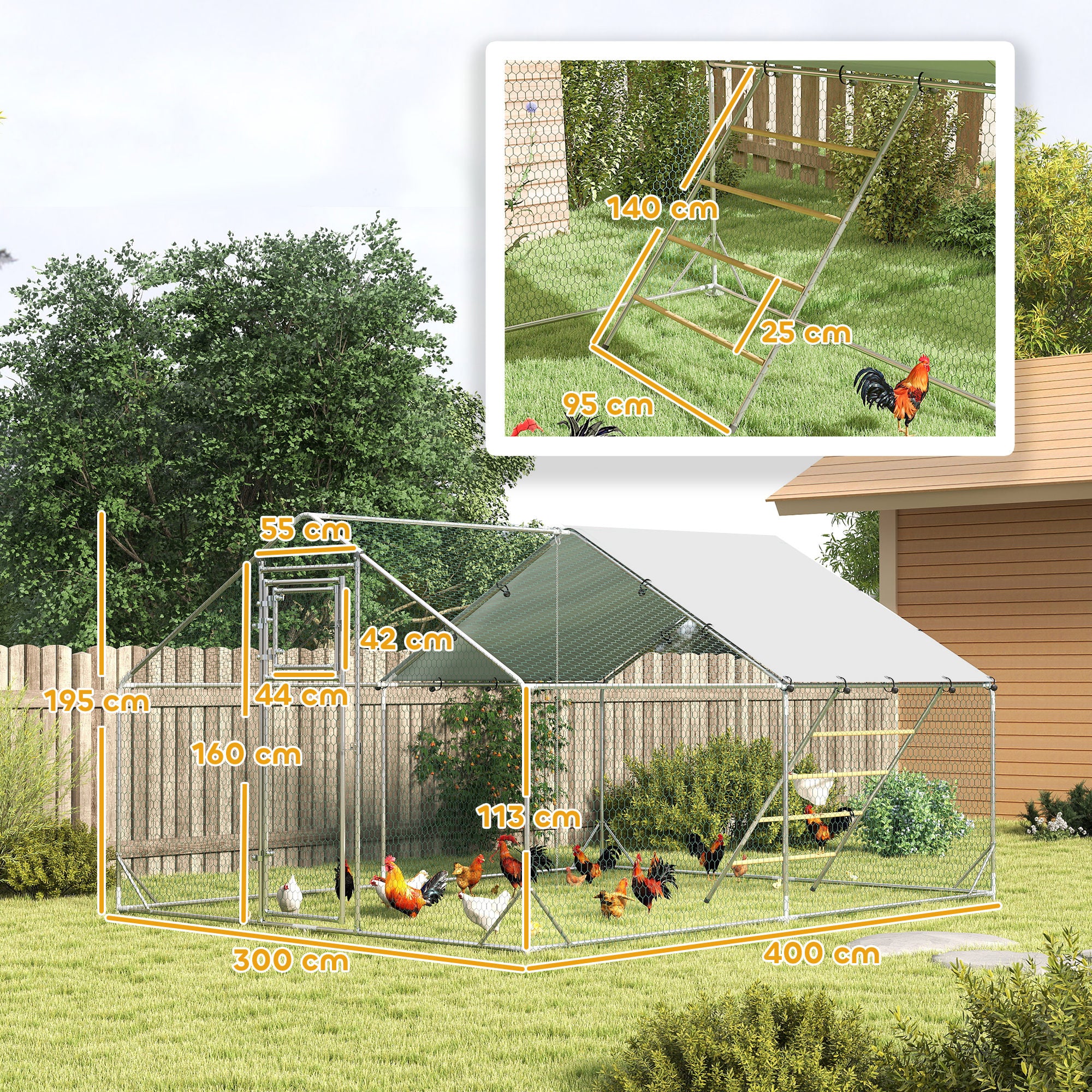 PawHut Walk in Chicken Run w/ Cover, Feeding Door, Hanging Feeder, Perch, for 12-18 Poultry