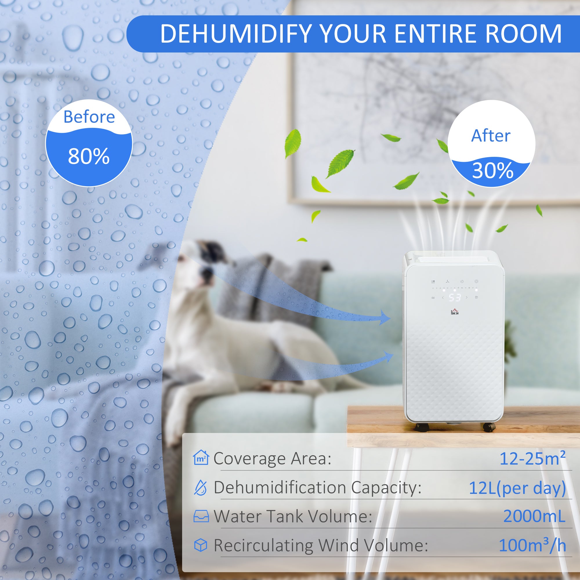 HOMCOM 2000mL Portable Dehumidifier with Air Purifier, 24H Timer, 5 Modes, 12L/Day, for Home Laundry, White - North Peak Garden Furniture