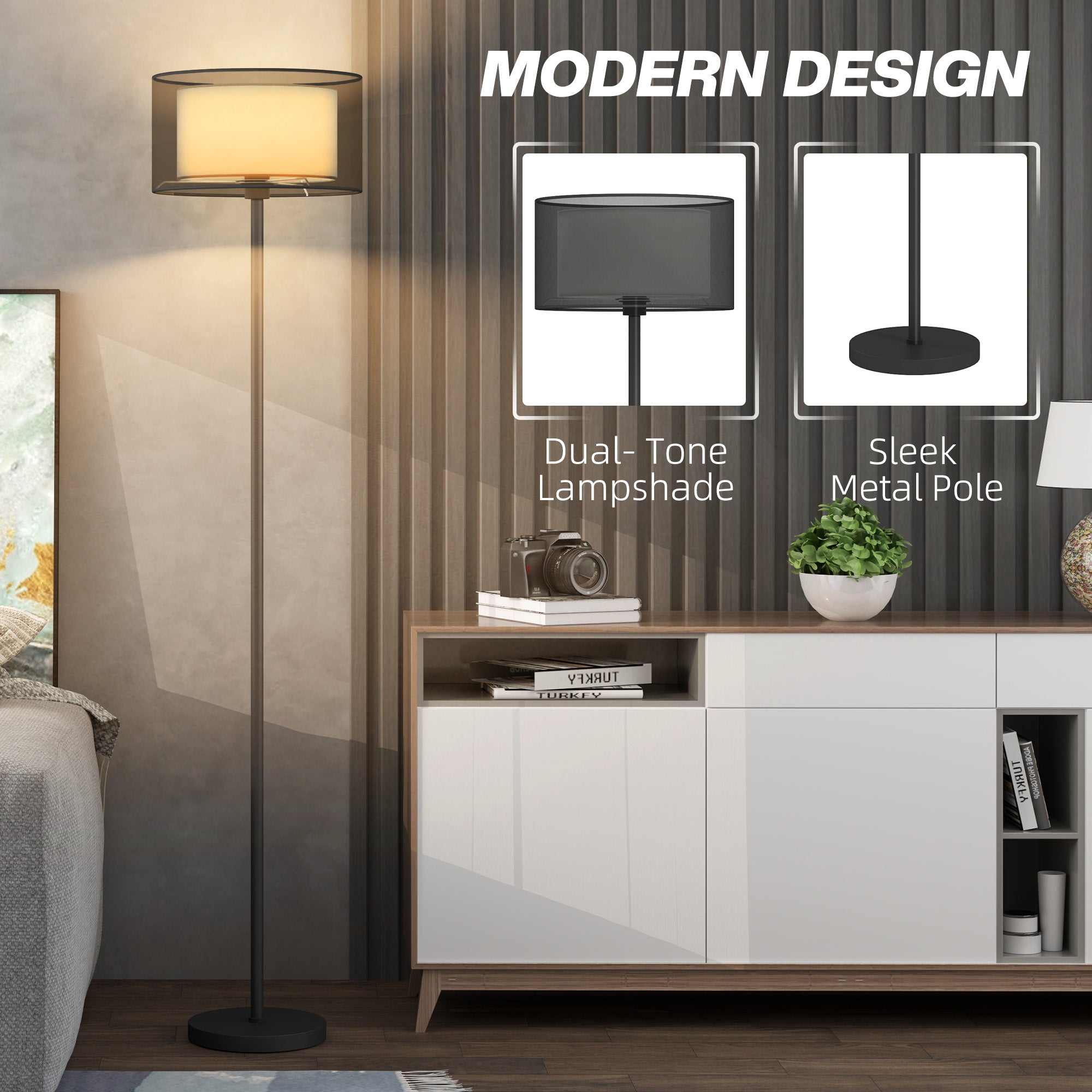 HOMCOM Floor Lamp for Living Room, Modern Standing Lamp with Double Layer Shade & Foot Switch, Minimalist Tall Pole Lampshade for Bedroom, Office, Black - North Peak Garden Furniture