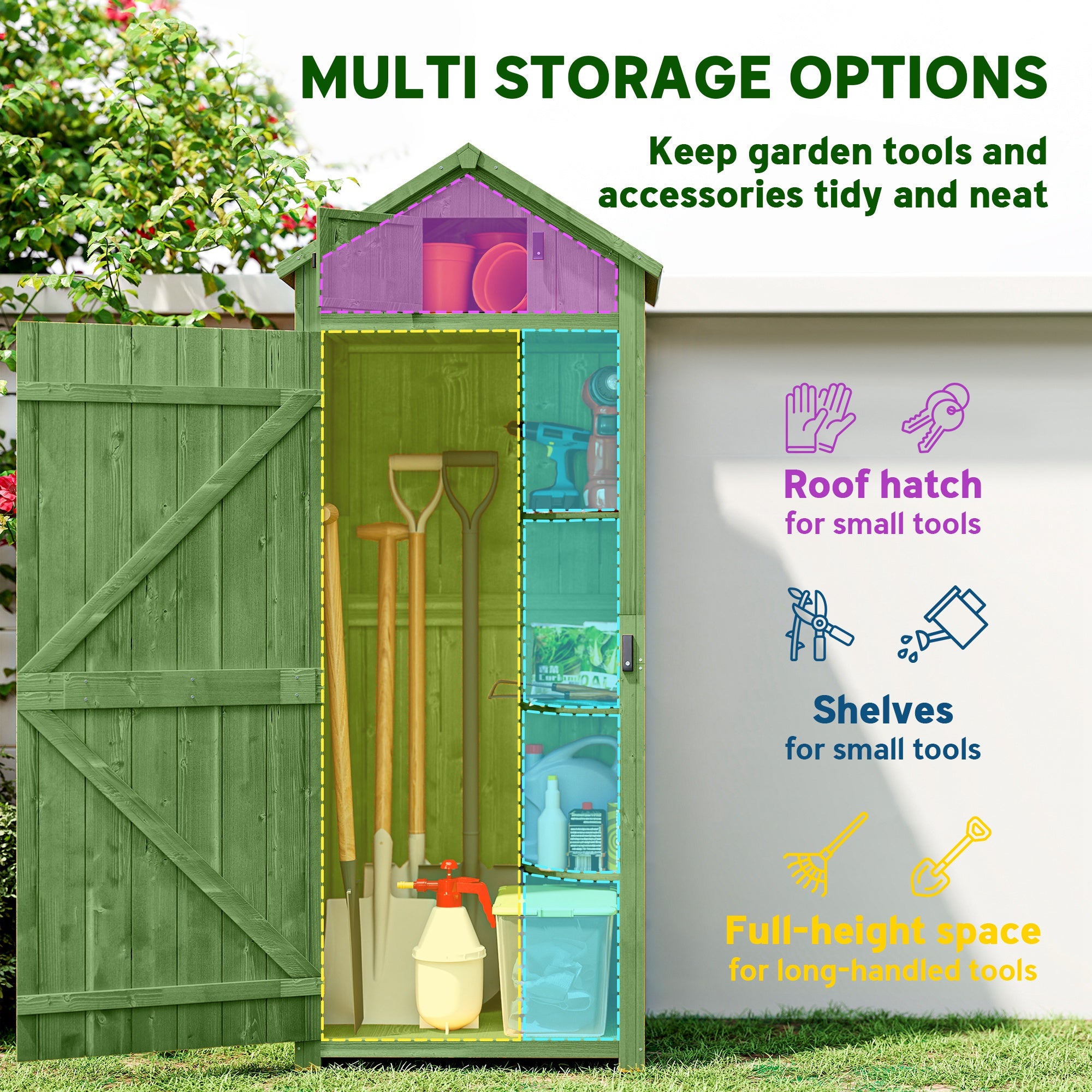 Outsunny Wooden Garden Shed, Utility Outdoor Small Shed with Lockable Double Doors, Shelves and Roof Hatch, Dark Green