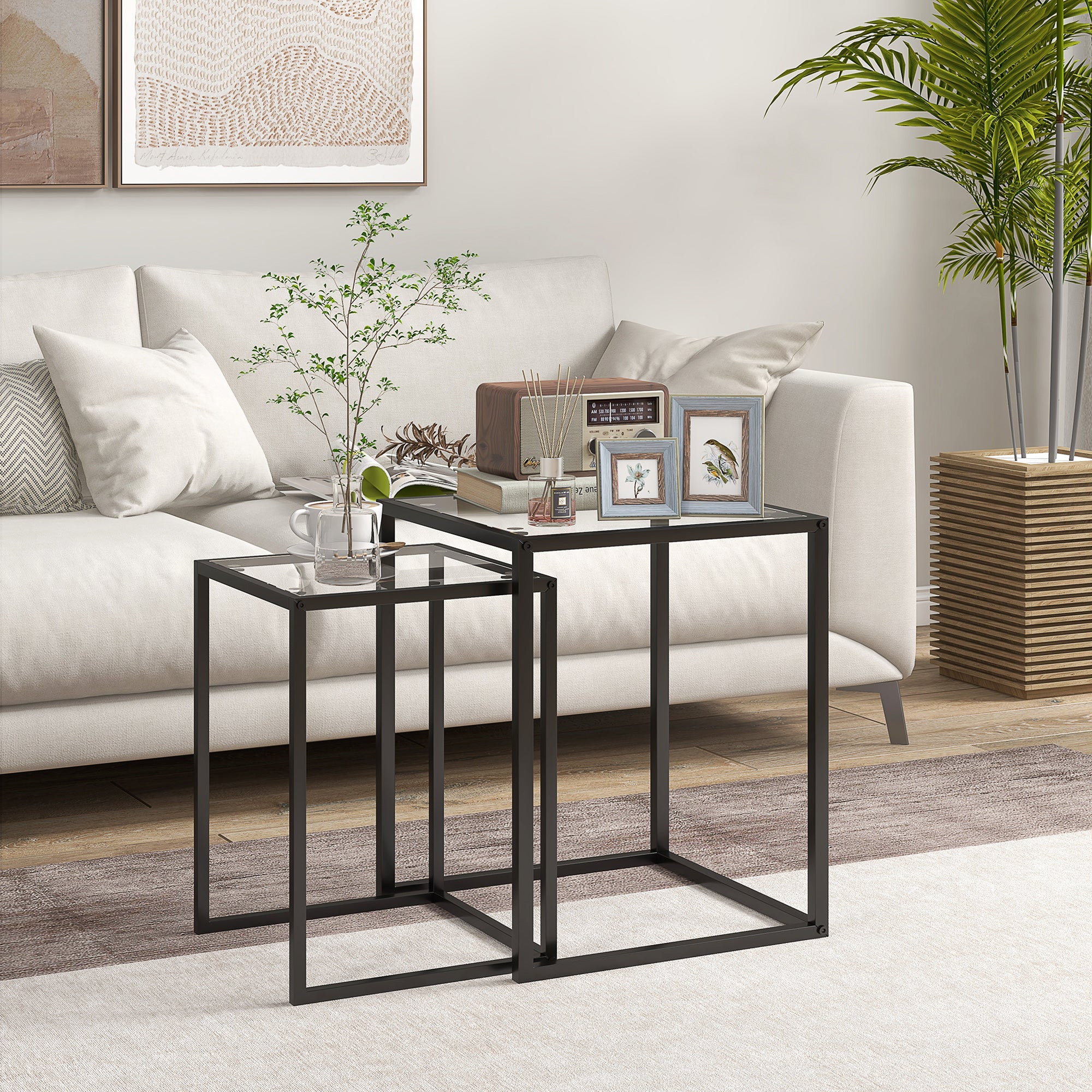 HOMCOM Nesting Tables Set of 2, Side End Table with Tempered Glass Top and Steel Frame for Living Room, Bedroom, Black - North Peak Garden Furniture