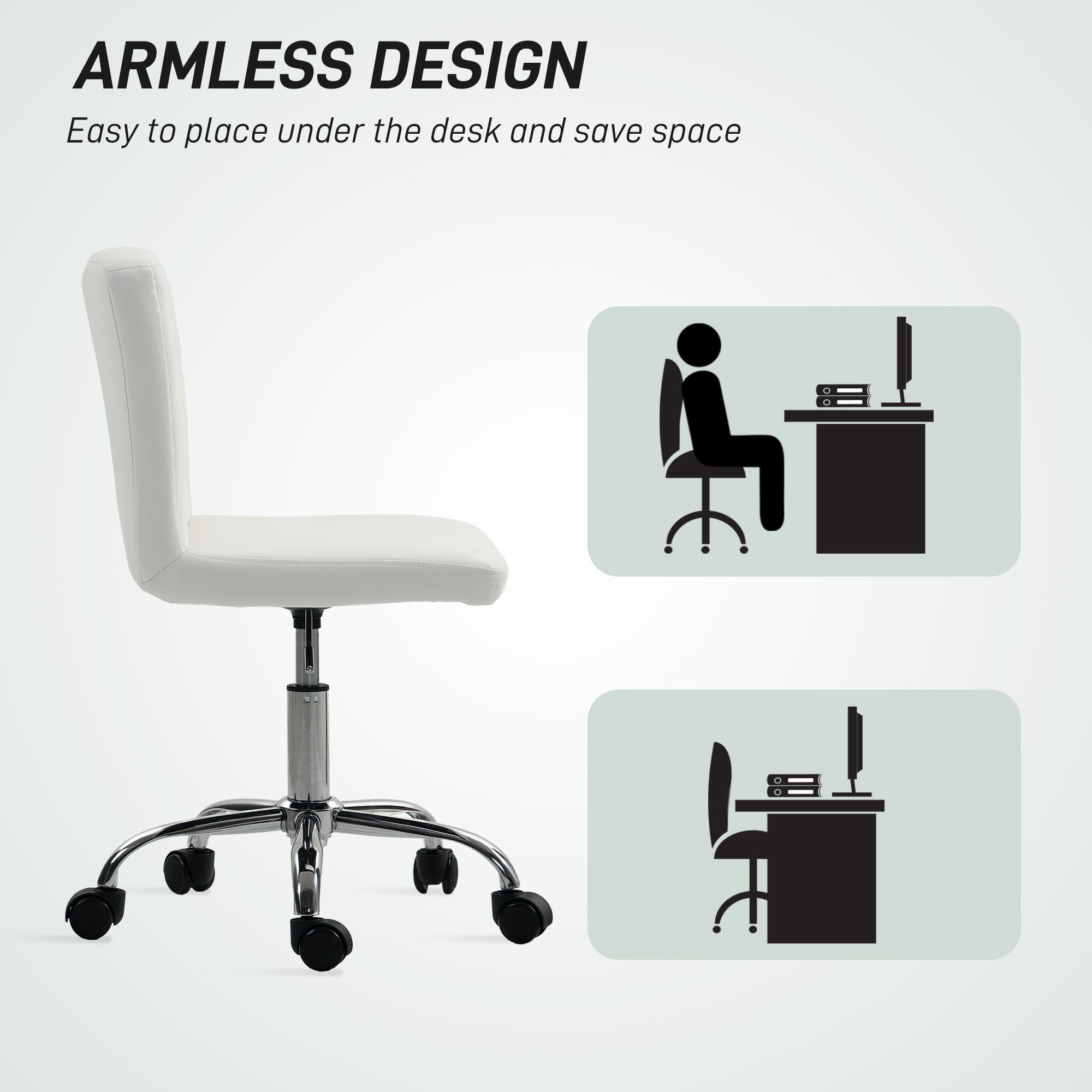 HOMCOM PU Leather Armless Office Chair, Modern Vanity Computer Swivel Chair with Rolling Wheels and Adjustable Height for Home Study, Bedroom, White - North Peak Garden Furniture