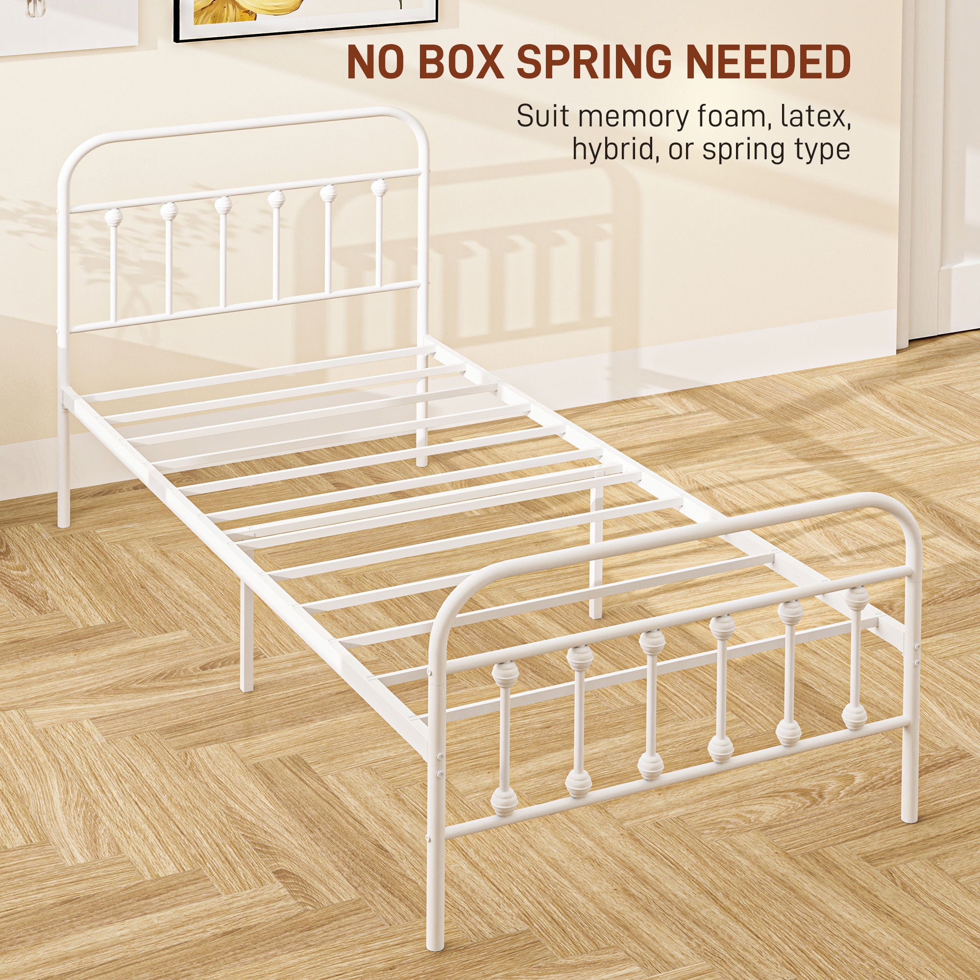 HOMCOM Single Minimalistic Metal Bed Frame - White - North Peak Garden Furniture