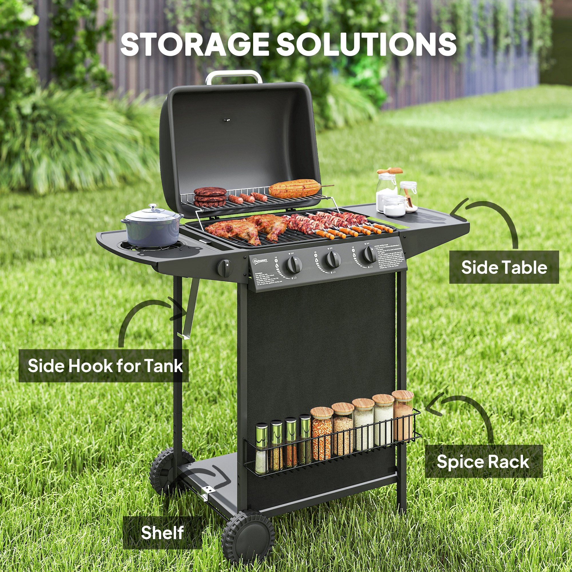 Outsunny 3+1 Burner Gas BBQ Grill, Portable Gas Barbecue Grill with Built-in Thermometer, Lid, Side Table, Shelf, Spice Rack, Wheels, Grease Cup for Garden Party Outdoor Cooking, Black