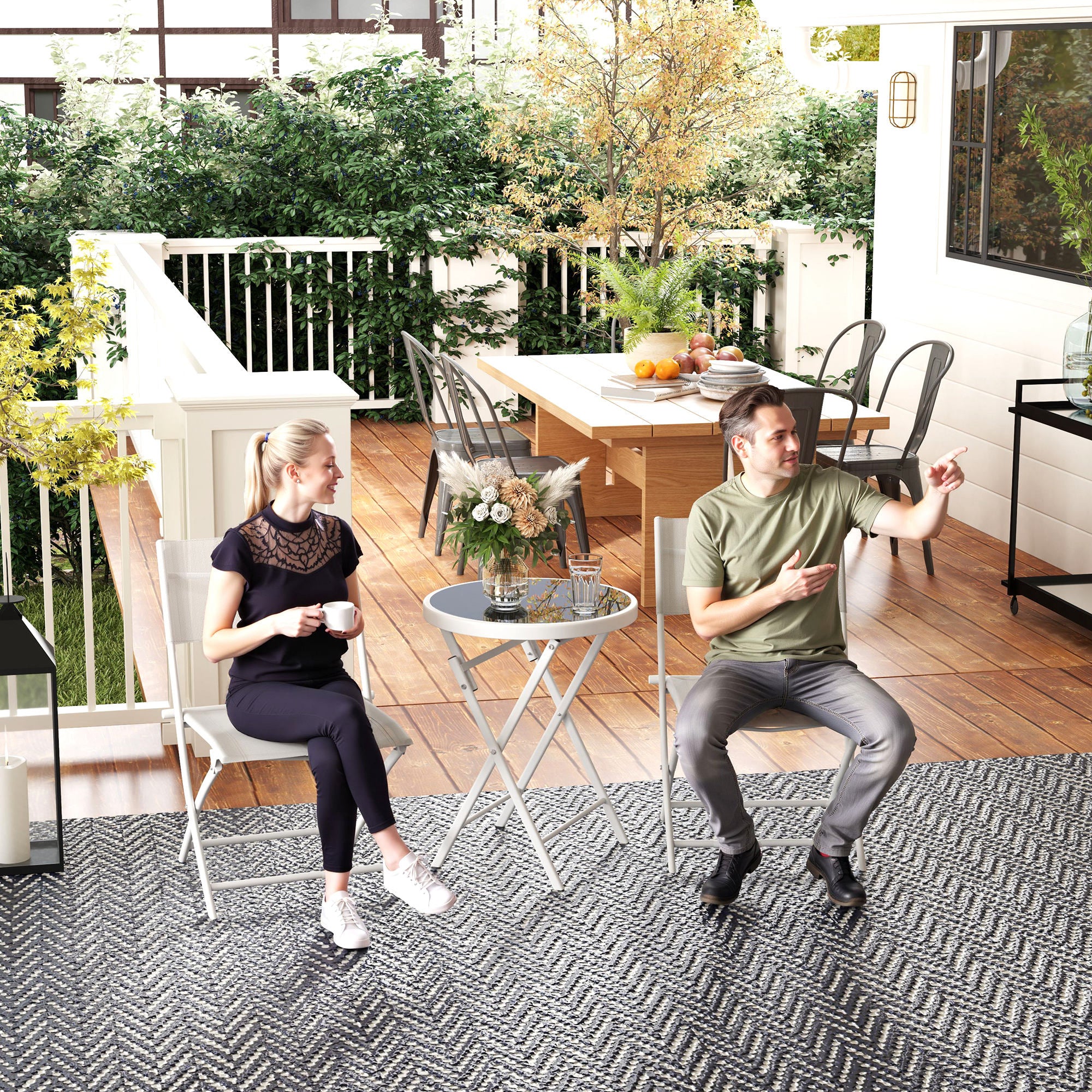 Outsunny 3 Pieces Outdoor Bistro Set, Glass Top Outdoor Table and 2 Folding Chairs with Protecting Feet, White - North Peak Garden Furniture