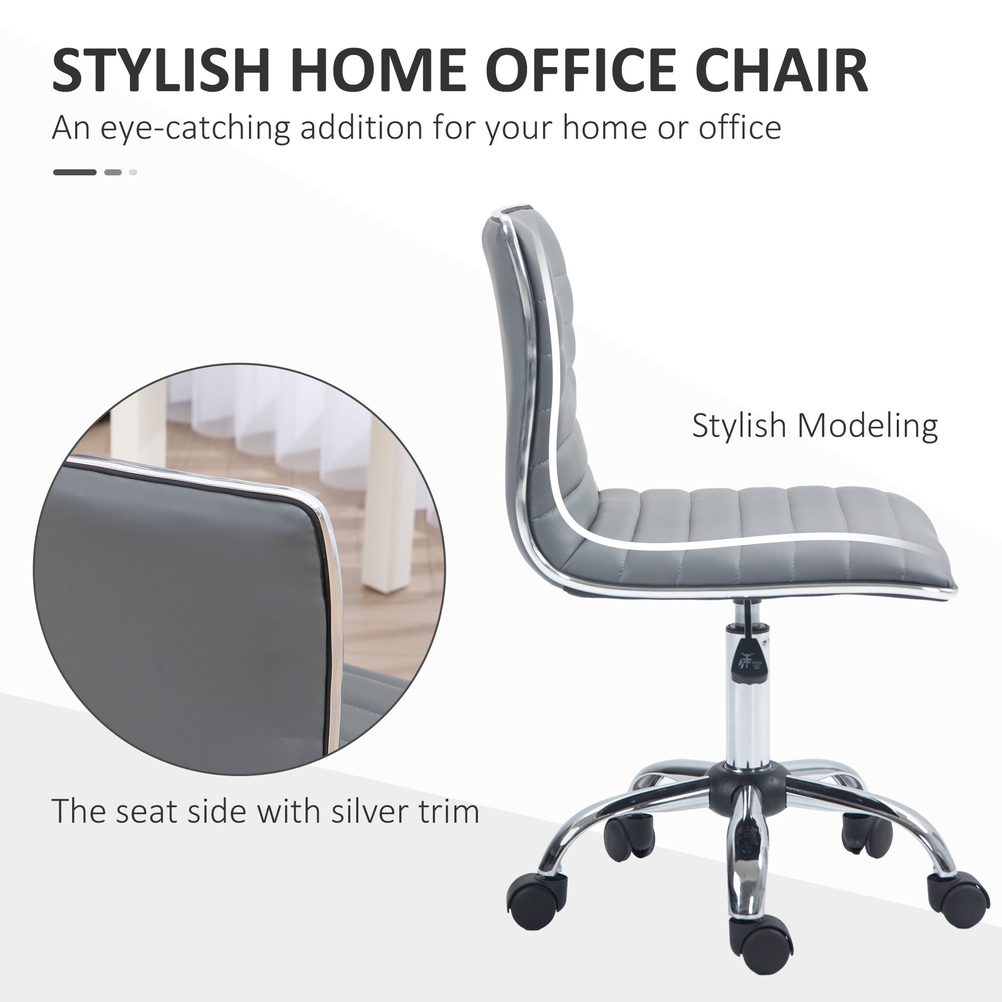 HOMCOM Adjustable Swivel Office Chair with Armless Mid-Back in PU Leather and Chrome Base - Light Grey - North Peak Garden Furniture