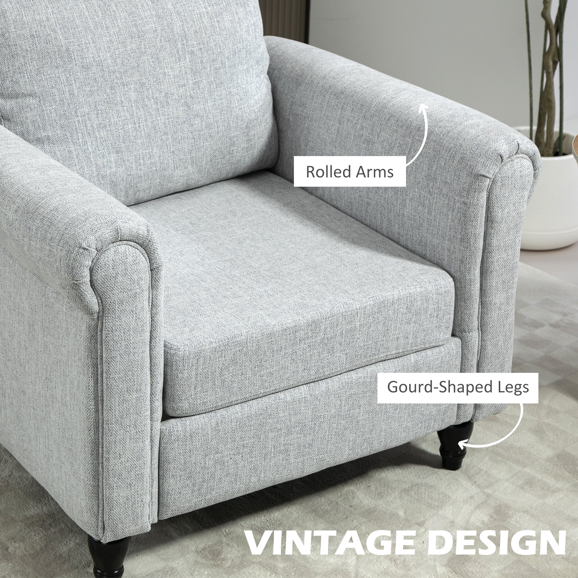HOMCOM Vintage Accent Chair, Upholstered Occasional Chair with Back Pillow, Rolled Arms, Rubber Wood Legs, Light Grey - North Peak Garden Furniture