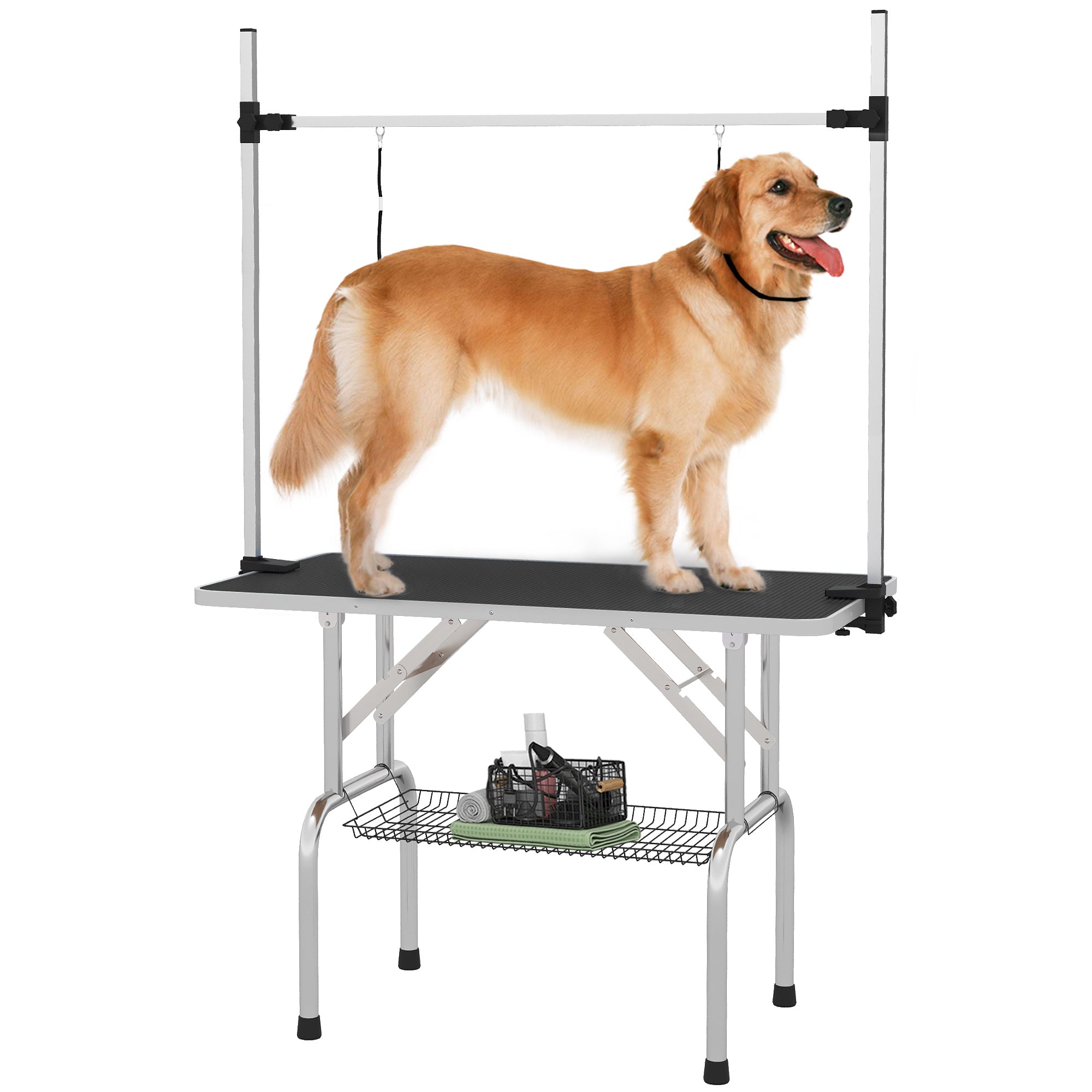 PawHut 42" Dog Grooming Table Adjustable Pet Cat Drying Beauty Table Rubber Top with 2 Loops Storage Basket Metal Black