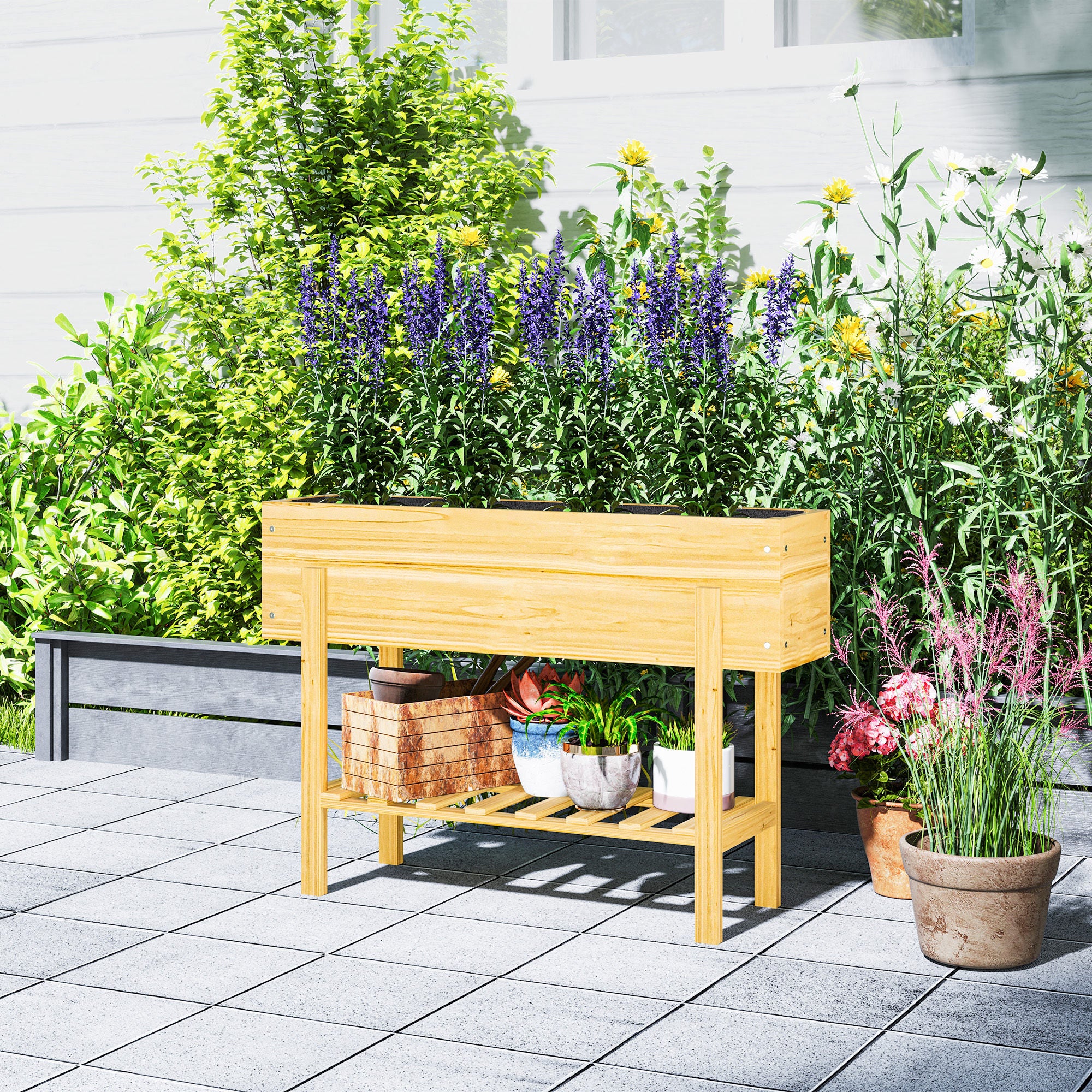 Outsunny Wooden Raised Garden Bed, Elevated Planter Box with Bed Liner, Drainage Holes and Storage Shelf, Raised Planter for Vegetables, Flowers, Herbs, 100 x 30 x 71 cm, Natural Wood Finish - North Peak Garden Furniture