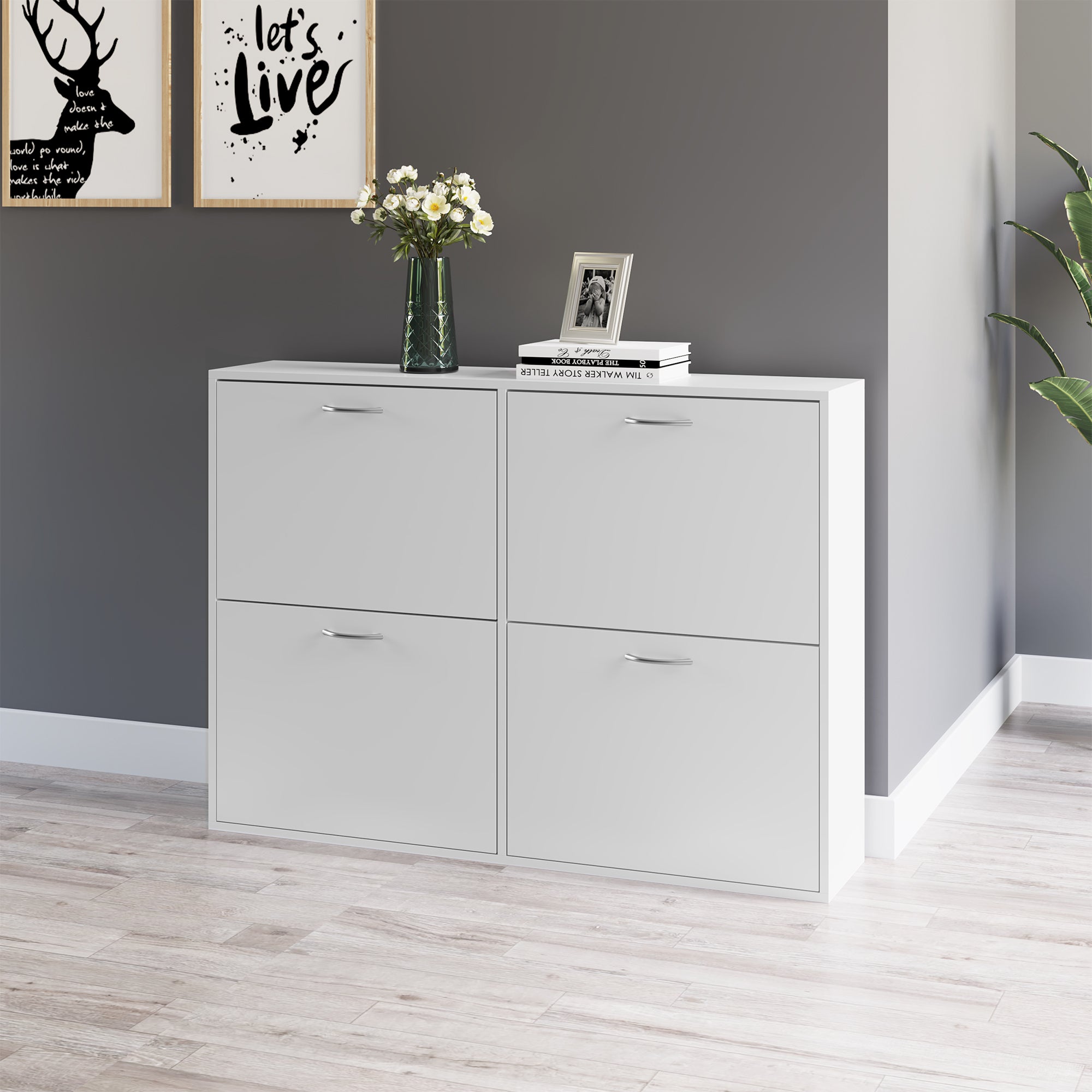 HOMCOM Wooden Modern Design 4 Drawer Shoes Cabinet Pull Down Shelf Storage Organiser - White - North Peak Garden Furniture