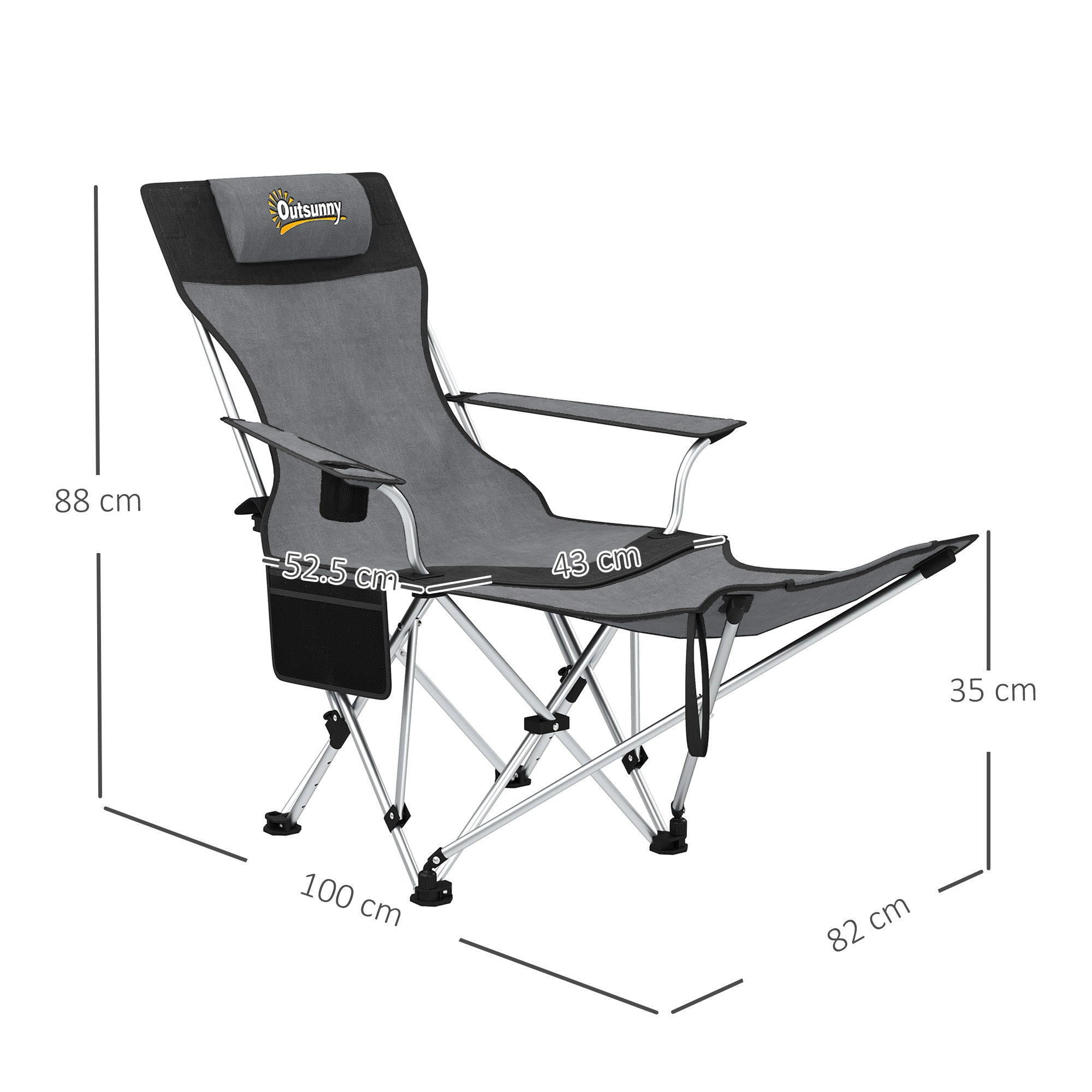 Outsunny Set of 2 Reclining Folding Camping Chair w/ Detachable Footrest, Storage Bag, Cup Holder & Headrest, Lightweight Portable Camp Chair for Beach, Picnic, Grey and Black - North Peak Garden Furniture