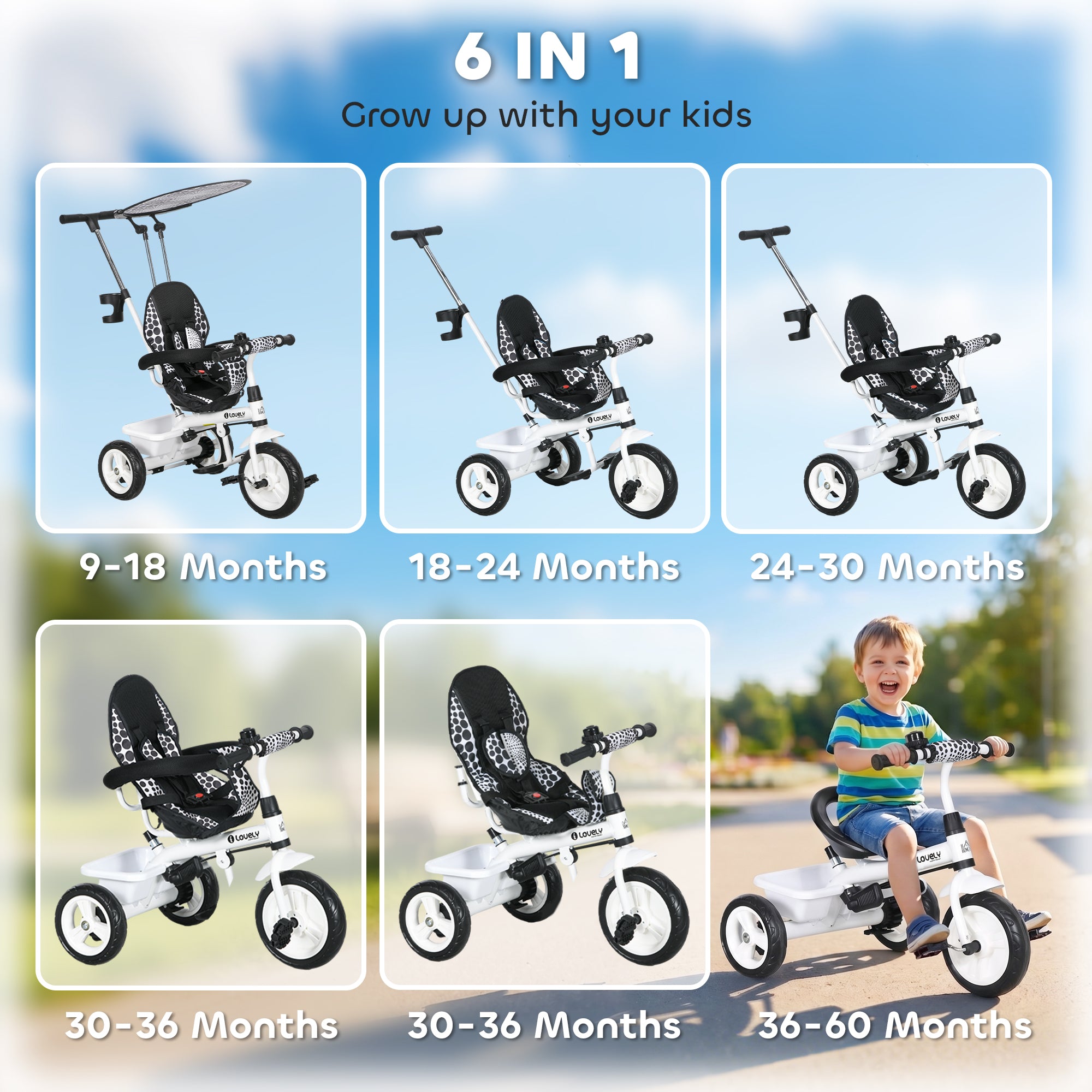 HOMCOM 6 in 1 Tricycle for Kids with 5-point harness straps, Removable Canopy, White
