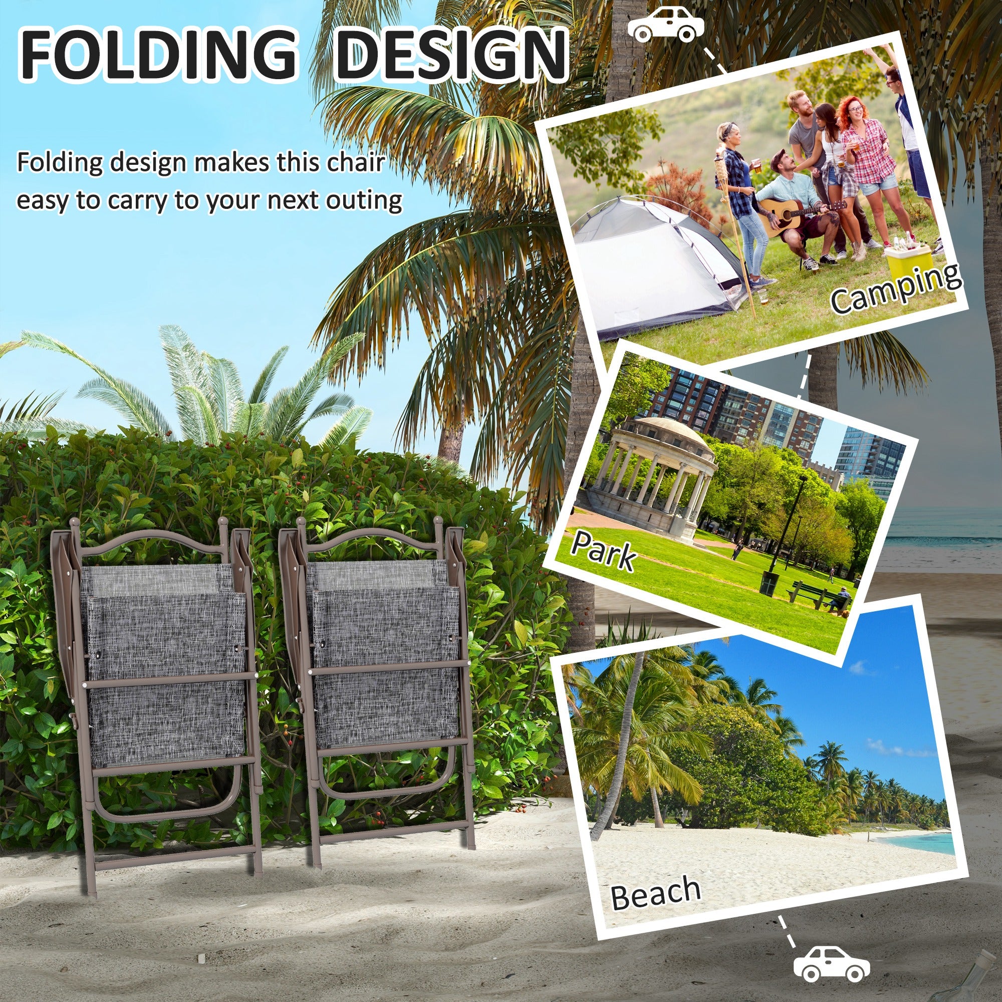 Outsunny Set of Two Folding Garden Chairs, with Fabric Mesh Seats - Grey - North Peak Garden Furniture