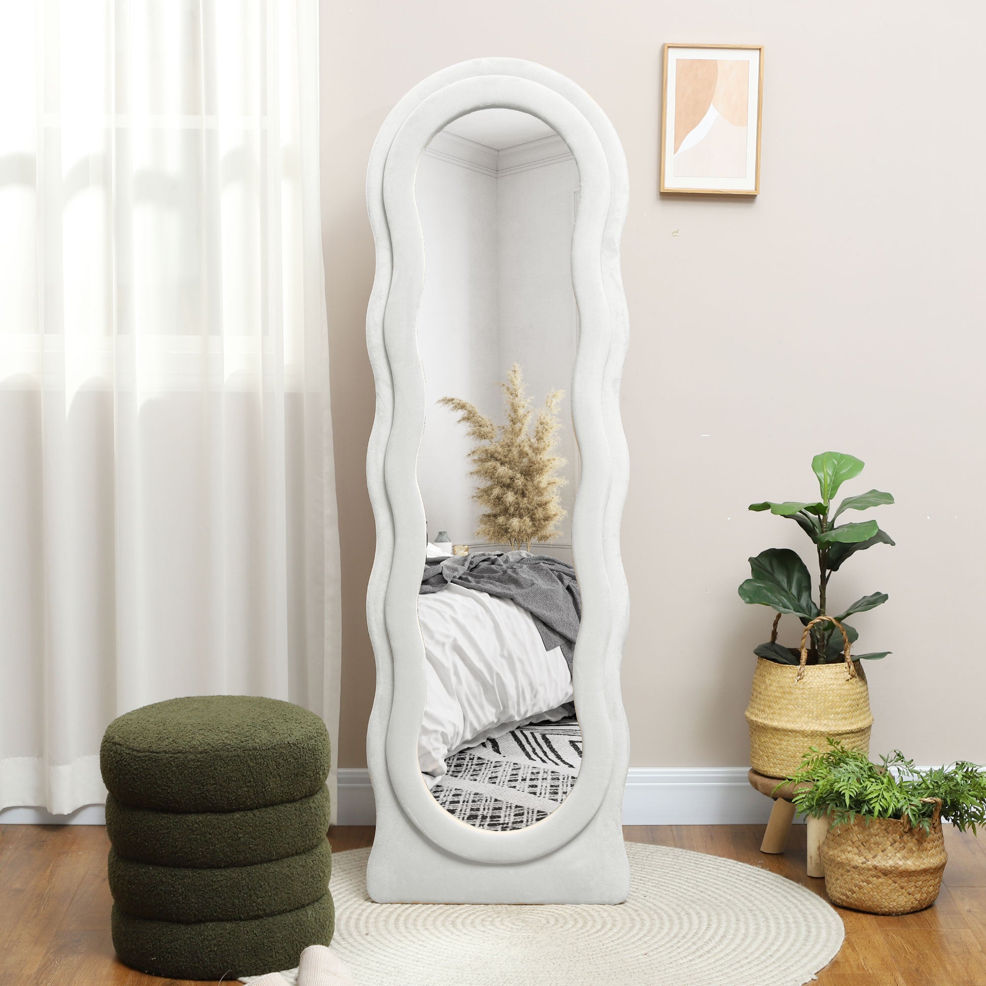 HOMCOM Wavy Velvet-Feel Full Length Mirror - White - North Peak Garden Furniture