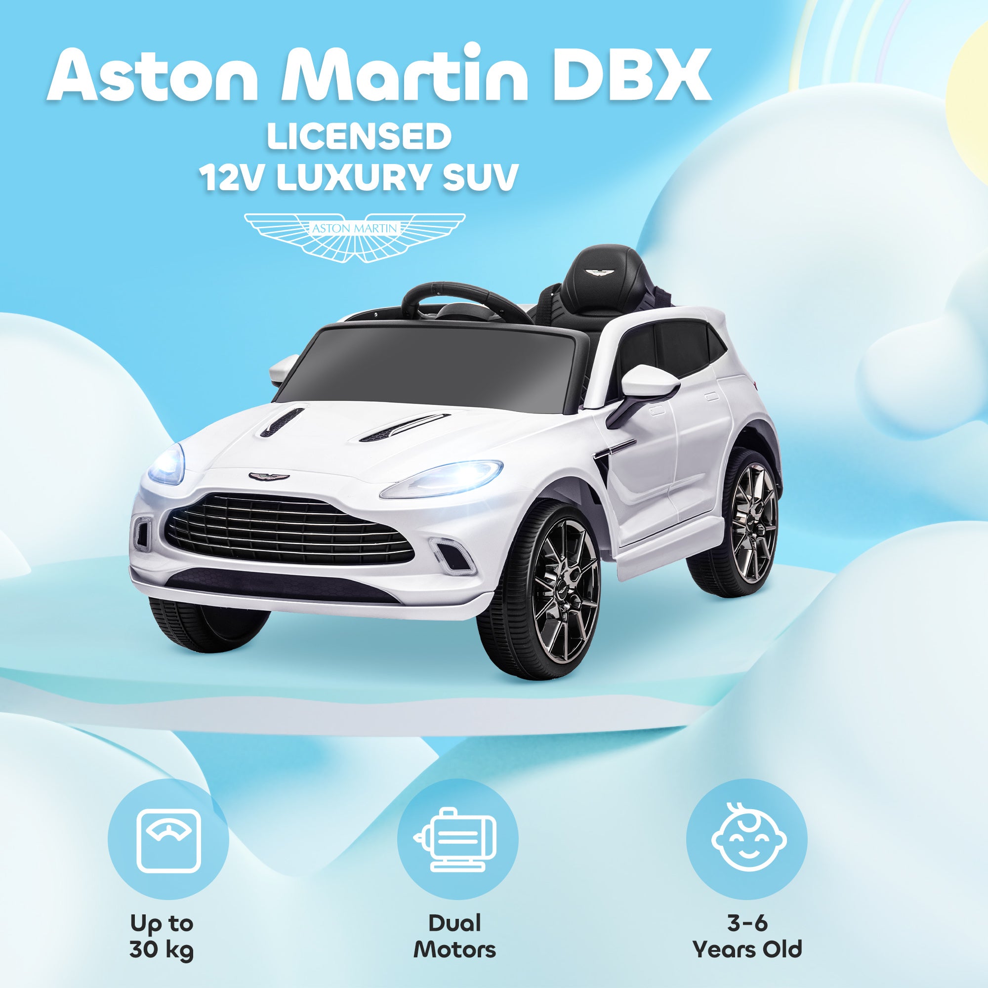 AIYAPLAY Aston Martin DBX Licensed Battery Powered Kids Electric Car, 12V Kids Ride on Car w/ Lights, Music Horn, White - North Peak Garden Furniture