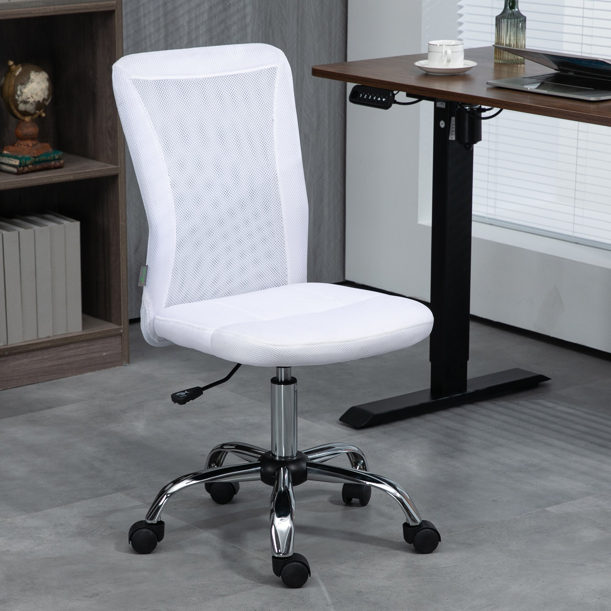 Vinsetto Computer Desk Chair, Mesh Office Chair with Adjustable Height and Swivel Wheels, Armless Study Chair, White - North Peak Garden Furniture
