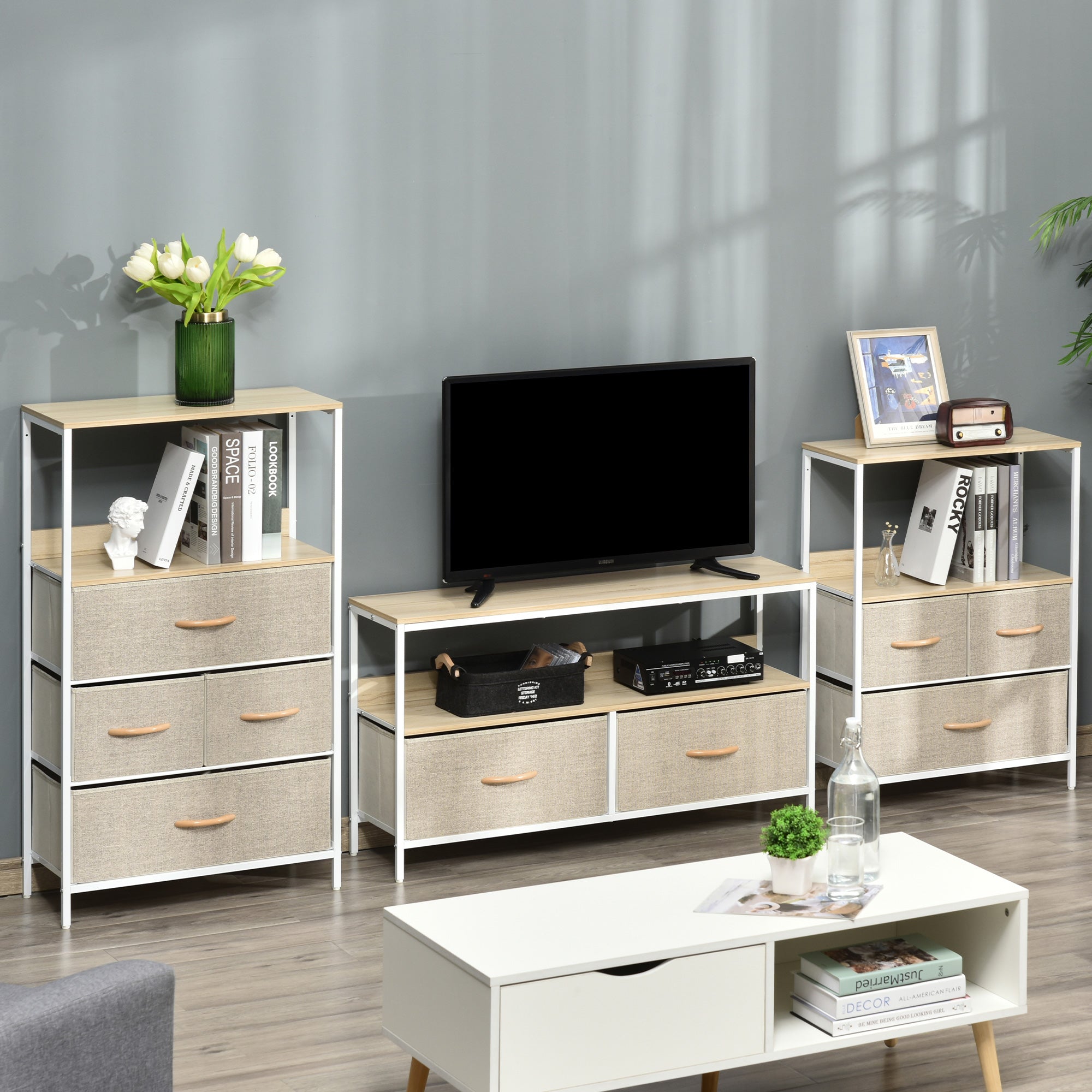 HOMCOM TV Cabinet for 47-inch TVs, TV Console Unit with 2 Foldable Linen Drawers, TV Stand with Shelving for Living Room, Entertainment Room, Maple Wood Effect - North Peak Garden Furniture