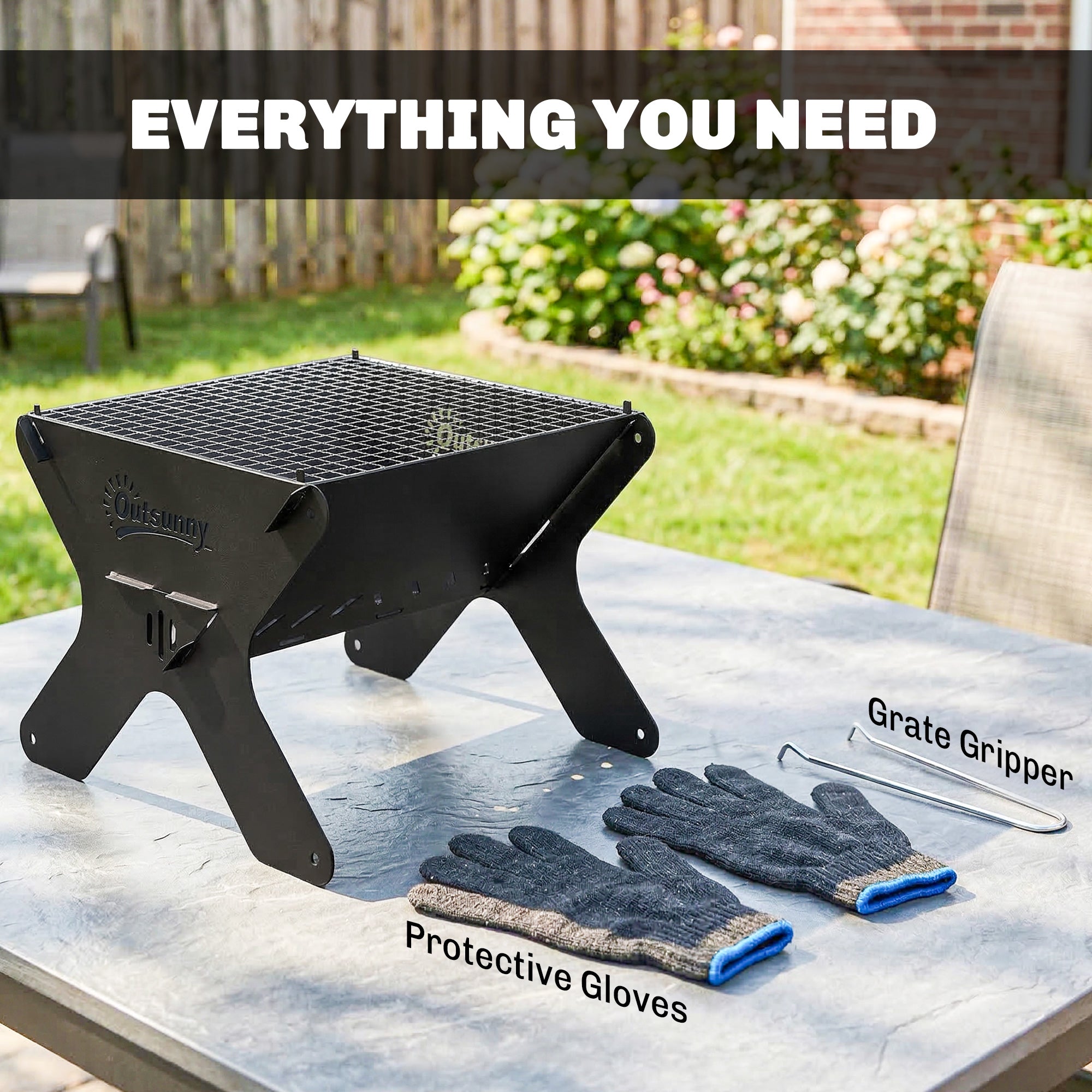 Outsunny 2-In-1 Portable BBQ Grill and Camping Fire Pit, Tabletop Charcoal Barbecue Grill with Gripper, Gloves and Carry Bag