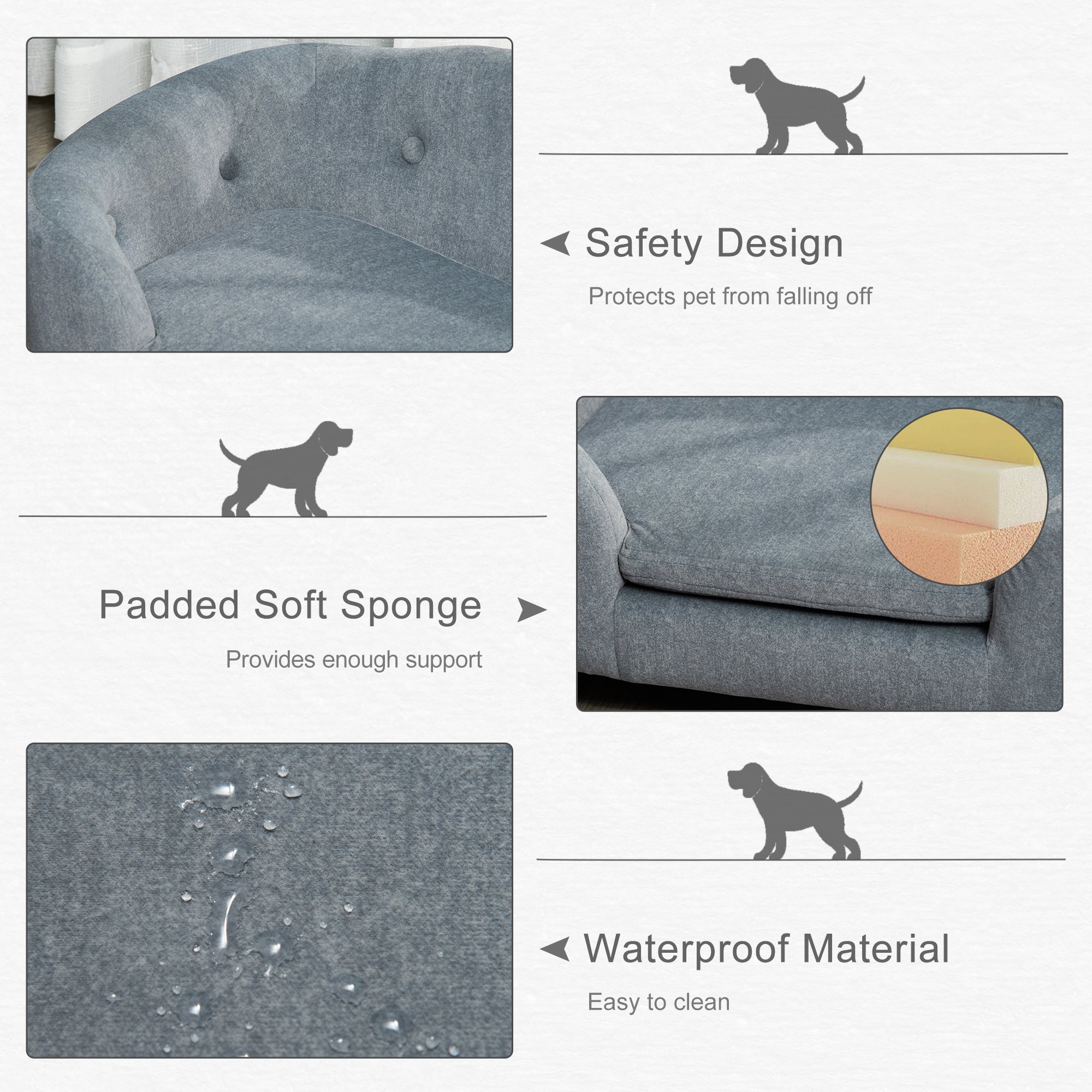 PawHut Dog Sofa Bed Pet Chair Couch with Water Resistant Fabric, Kitten Lounge with Soft Cushion Washable Cover, Wooden Frame for Mini Size Dogs - Grey - North Peak Garden Furniture