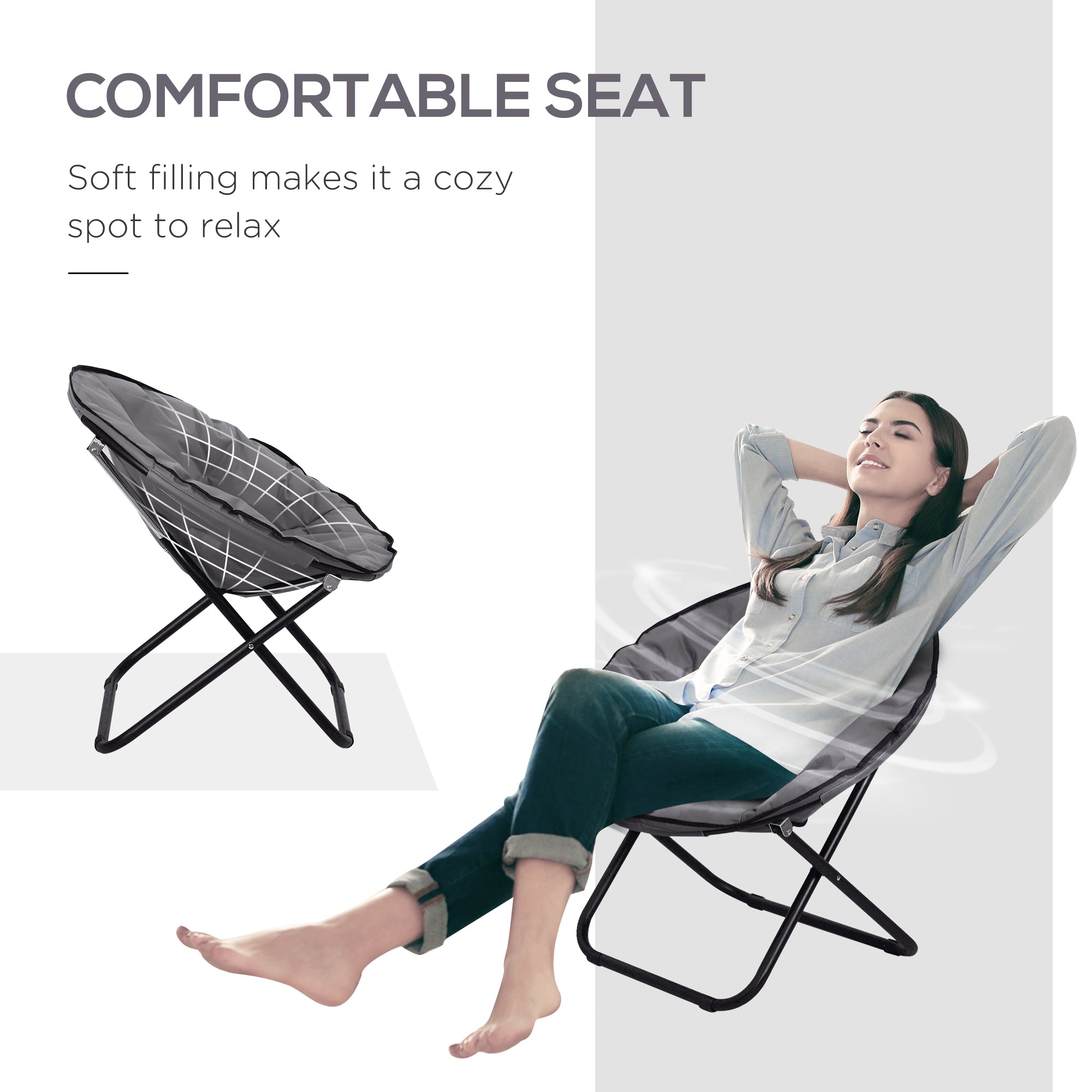 Outsunny Garden Folding Portable Padded Saucer Moon Chair Padded Round Outdoor Camping Travel Fishing Seat Grey - North Peak Garden Furniture