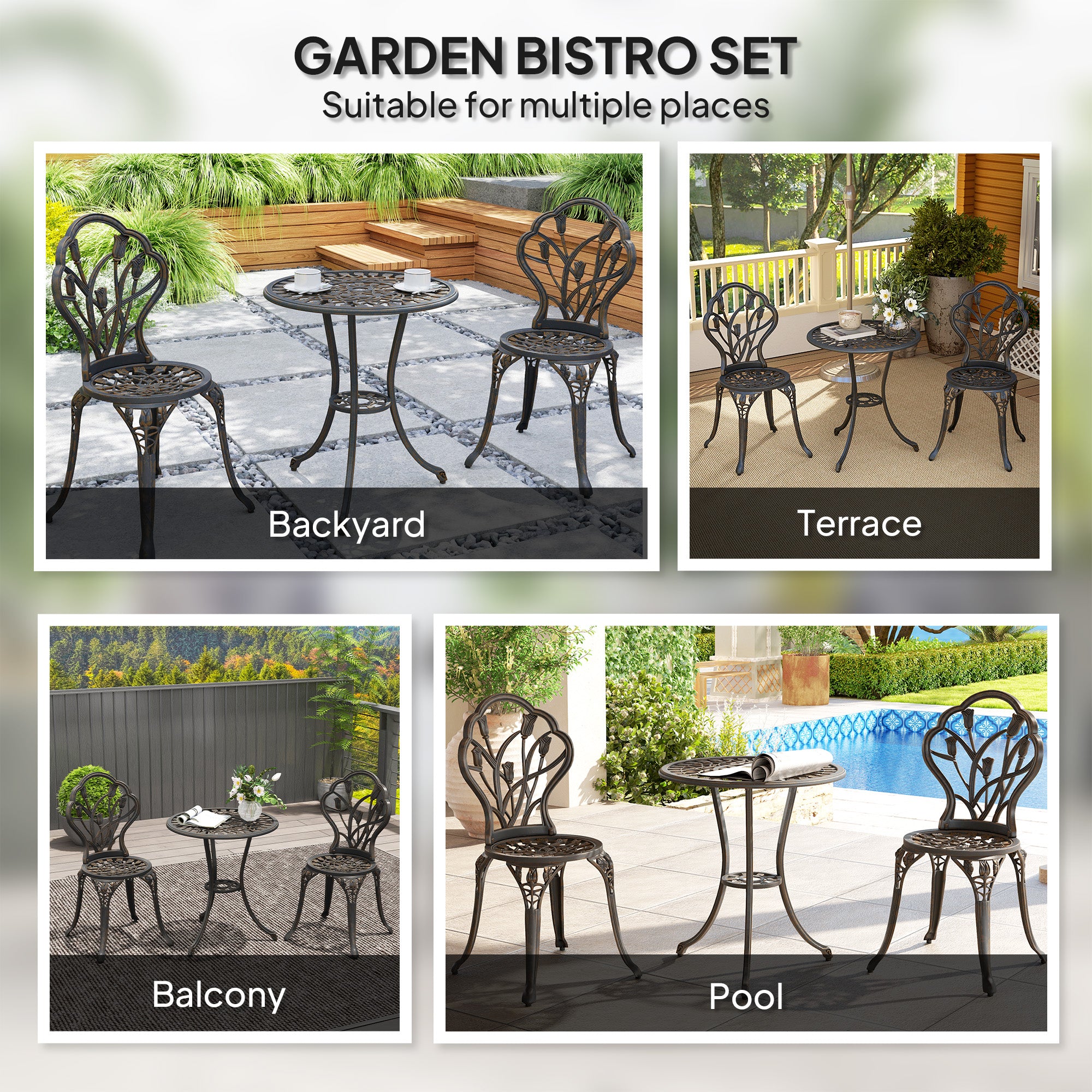 Outsunny 3 Piece Patio Bistro Set for 2, Outdoor Aluminium Garden Table and Chairs with Umbrella Hole for Balcony, Bronze Tone - North Peak Garden Furniture