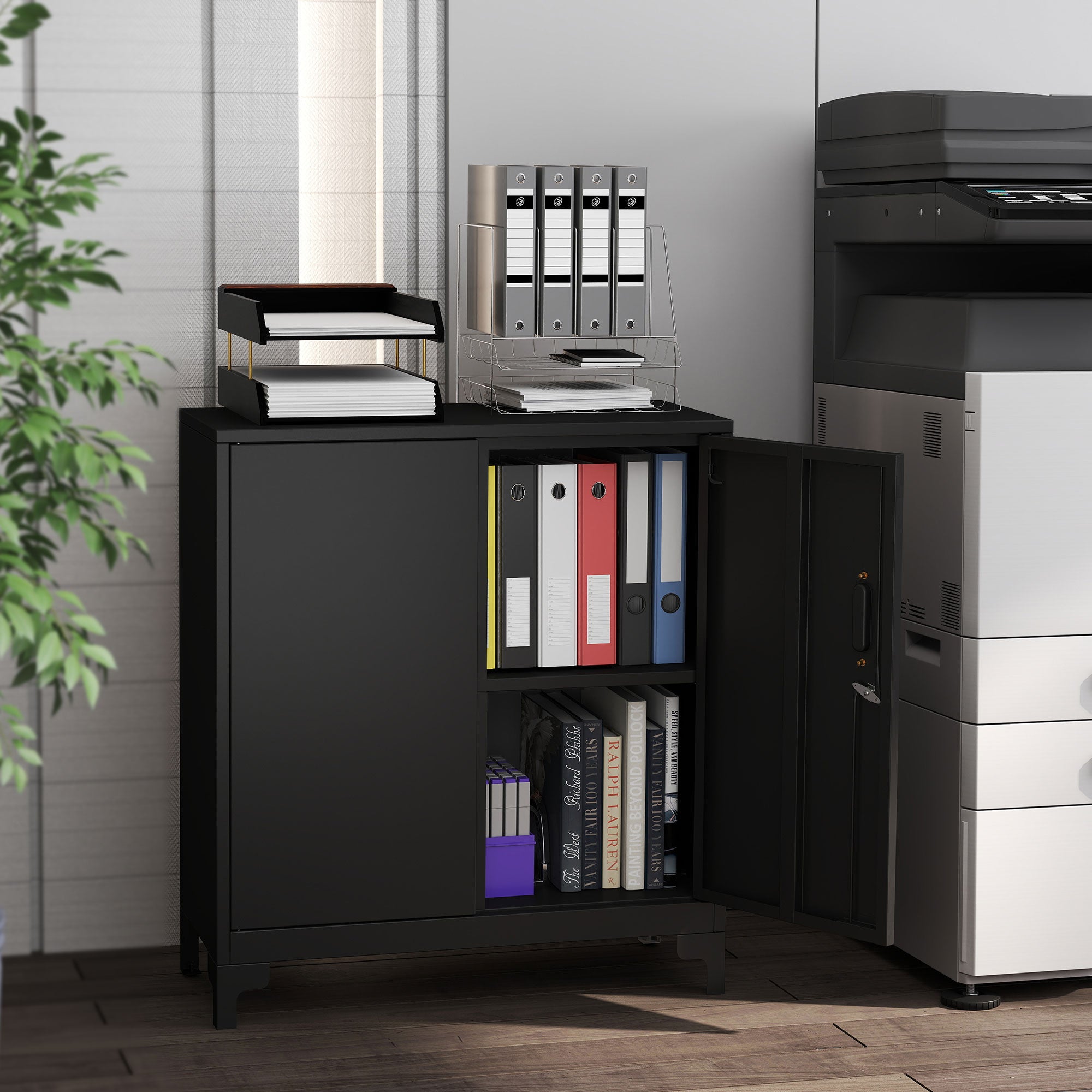 HOMCOM Lockable Metal Filing Cabinet, 2-Tier Storage Cupboard with Double Doors, Modern Office Organiser, Black