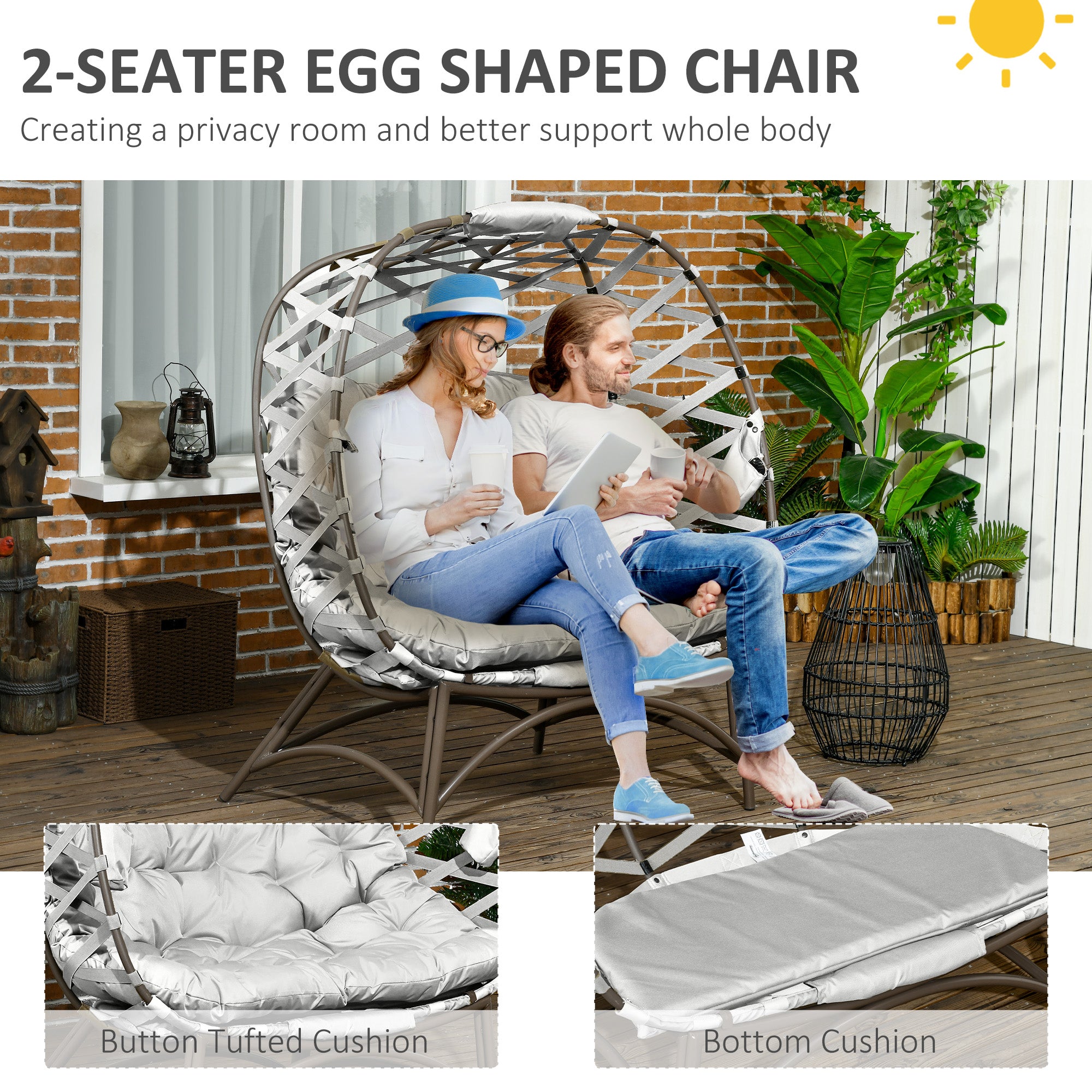 Outsunny 2 Seater Egg Chair Outdoor, Folding Weave Garden Furniture Chair with Cushion, Cup Pockets - Light Grey - North Peak Garden Furniture