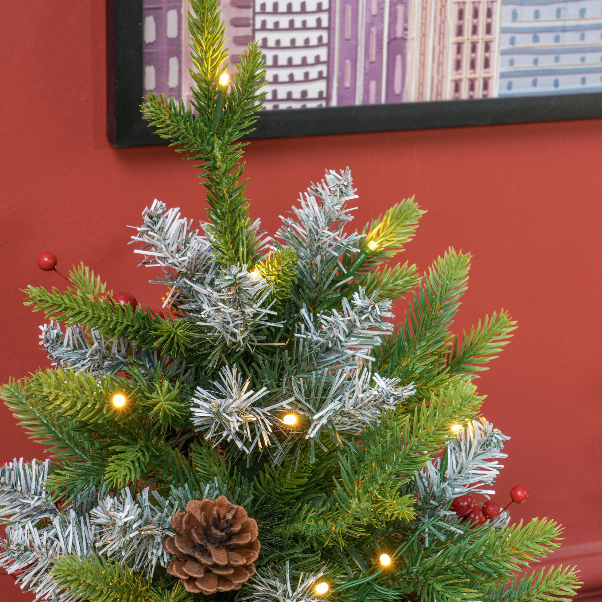 HOMCOM Set of Two 2ft Christmas Trees, with Lights, Berries and Pinecones - North Peak Garden Furniture