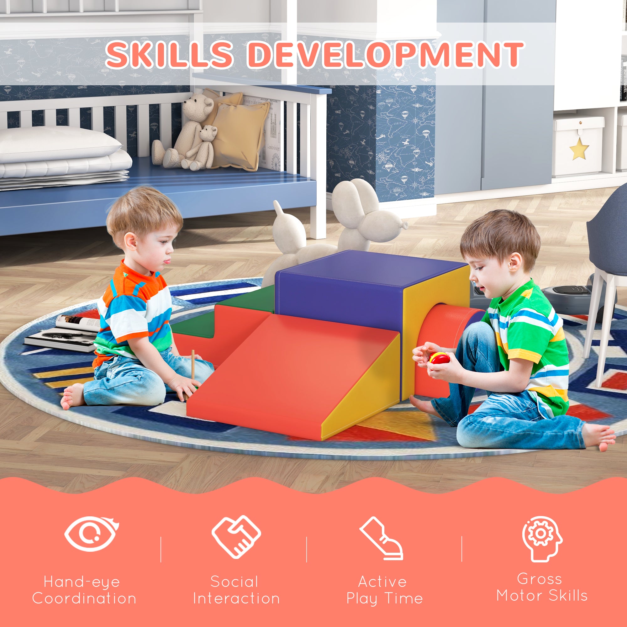 HOMCOM 4-Piece Soft Play Set for Toddlers 1-3 Years, Red - North Peak Garden Furniture