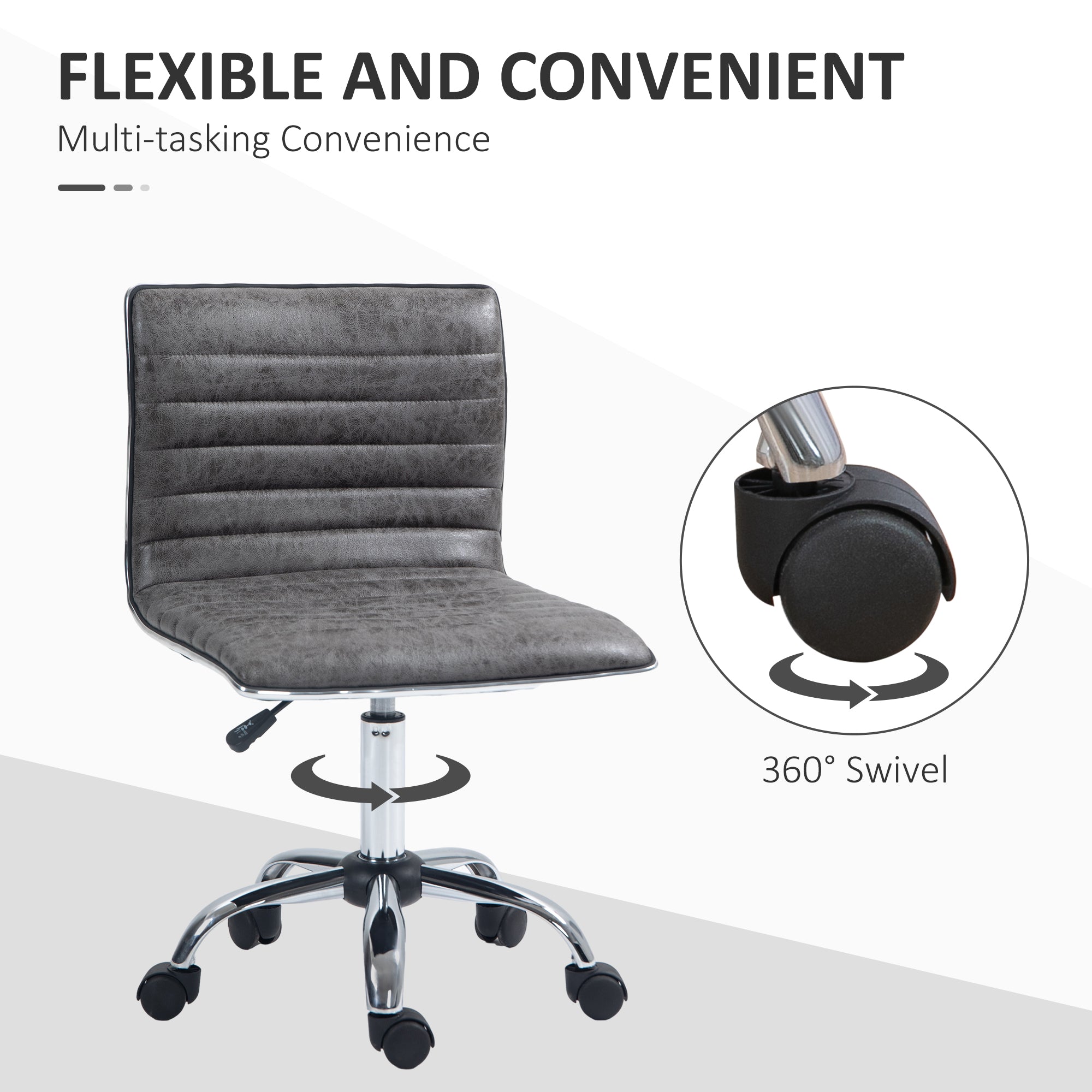 HOMCOM Adjustable Swivel Office Chair with Armless Mid-Back in Microfibre Cloth and Chrome Base - Grey - North Peak Garden Furniture