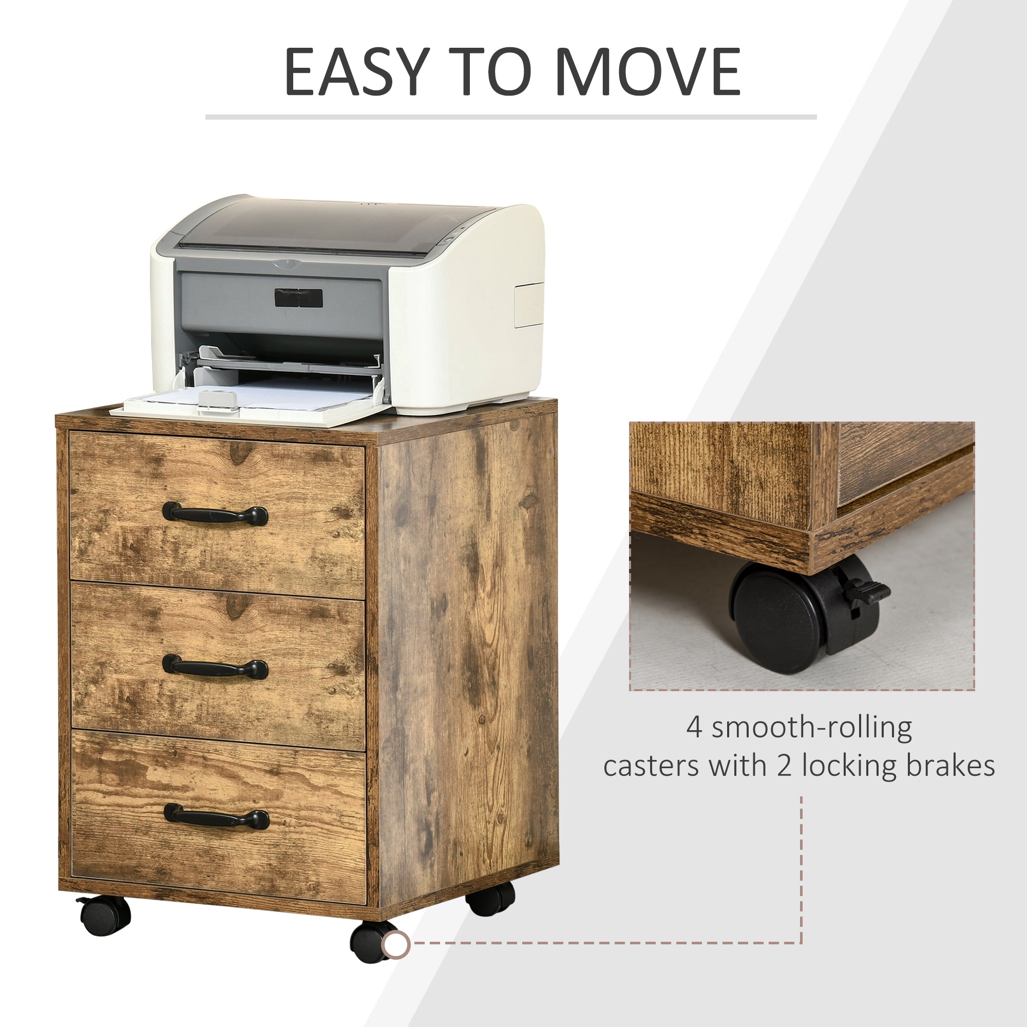 HOMCOM 3 Drawer File Cabinet, Mobile Filing Cabinet on Wheels for Home Office, Study, Rustic Brown - North Peak Garden Furniture