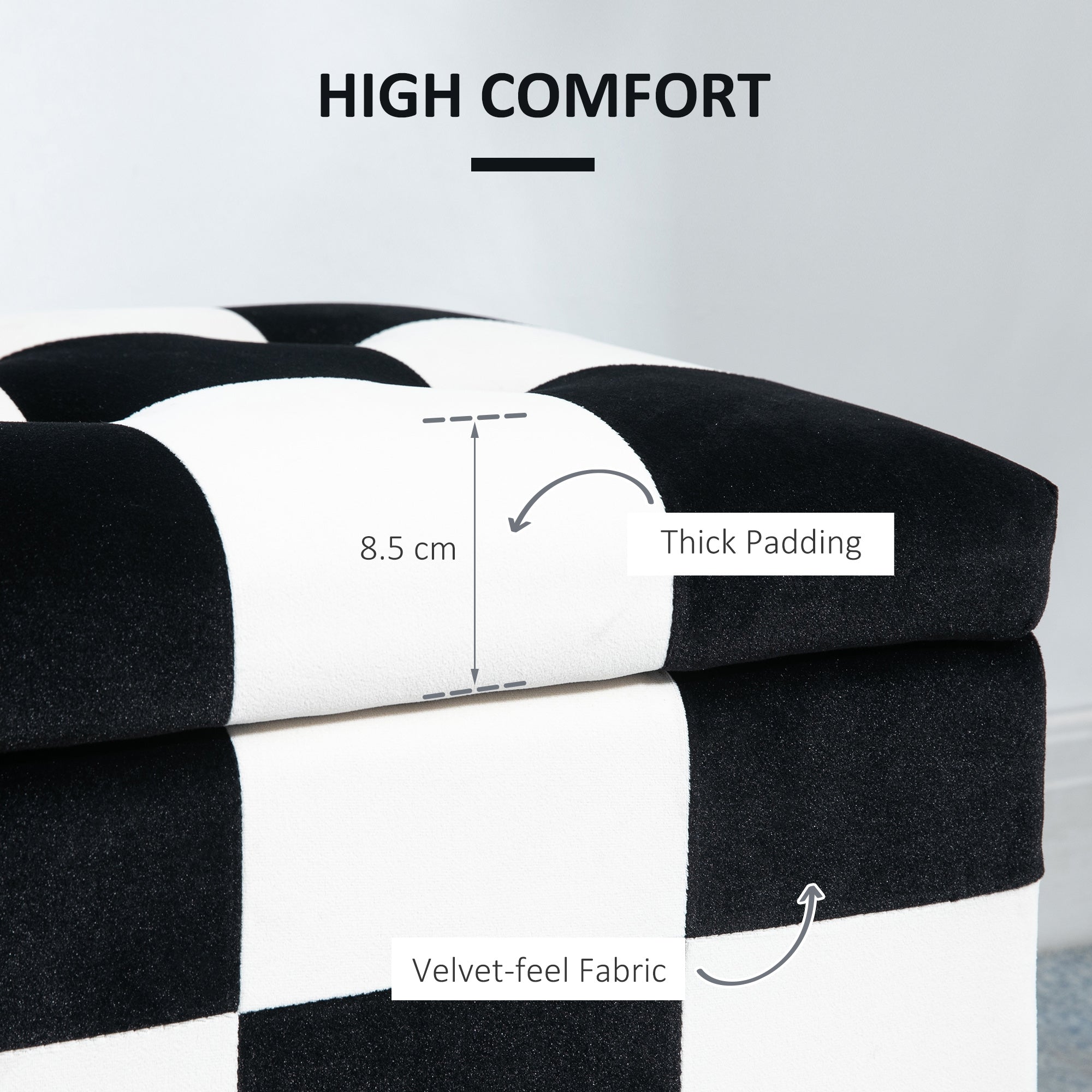HOMCOM 114 x 47 x 47cm Velvet Storage Ottoman, Button-tufted Footstool Box, Toy Chest with Lid for Living Room, Bedroom, White and Black - North Peak Garden Furniture
