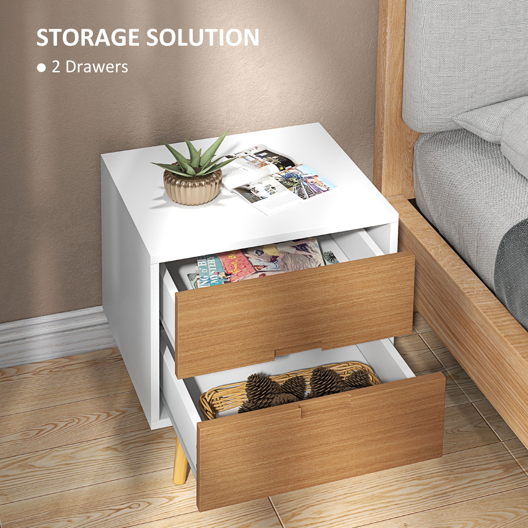 HOMCOM Wood Effect Wto-Drawer Bedside Table - Brown/White - North Peak Garden Furniture
